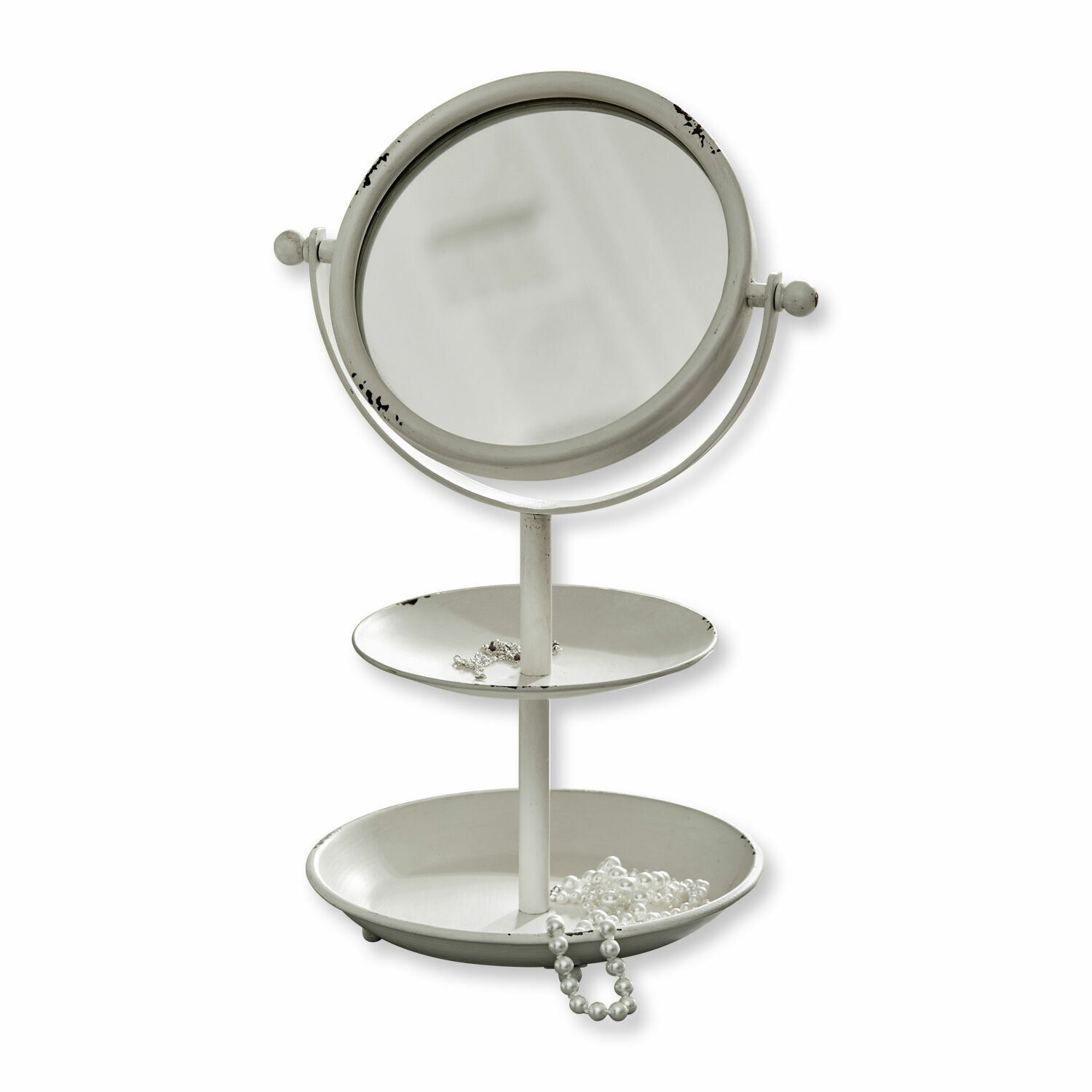 Espejo cosmético Elsa Espejo de mesa metálico blanco con dos bandejas para joyas estilo vintage