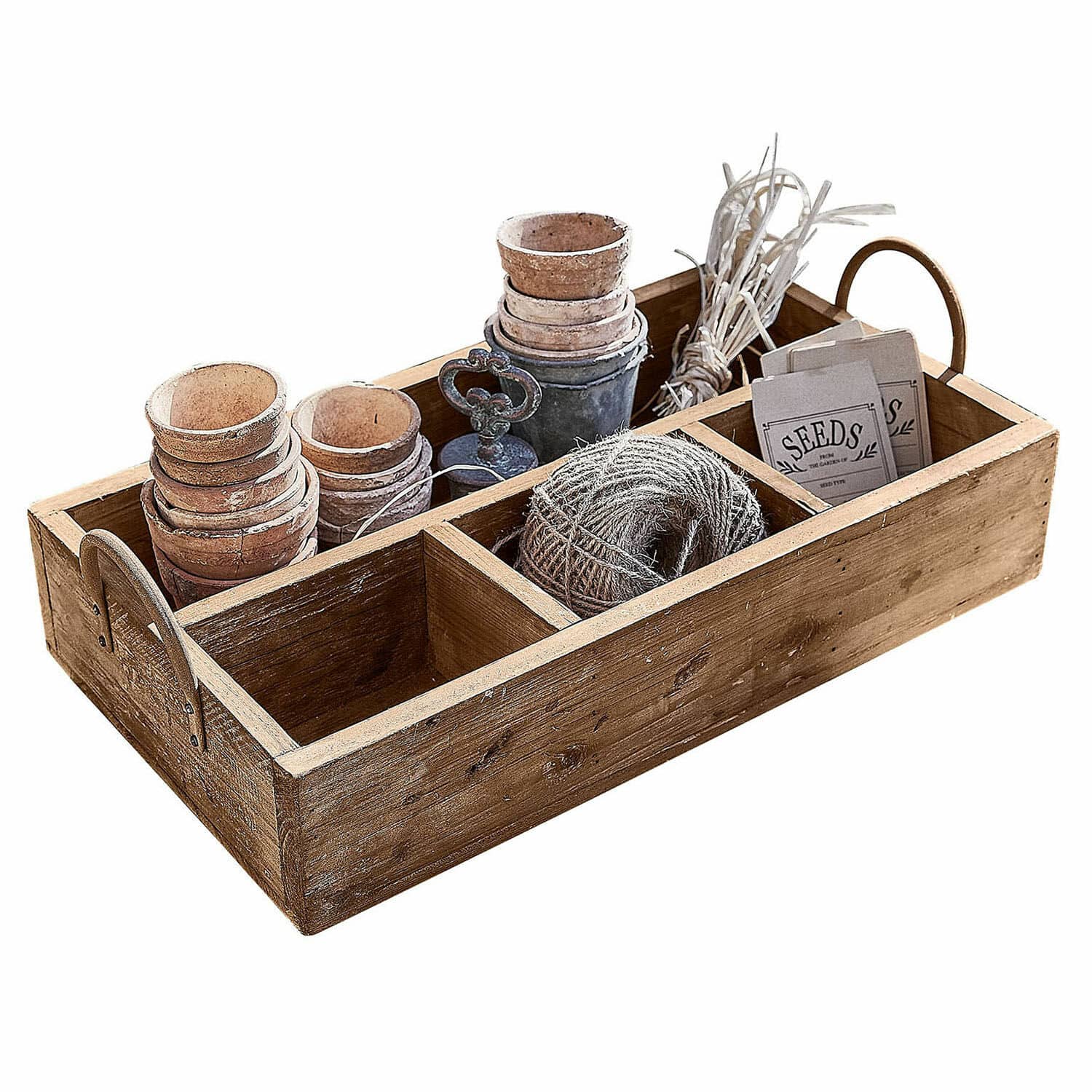 Bandeja Jixel Caja de madera con compartimentos con macetas, cuerda y sobres de semillas para jardinería