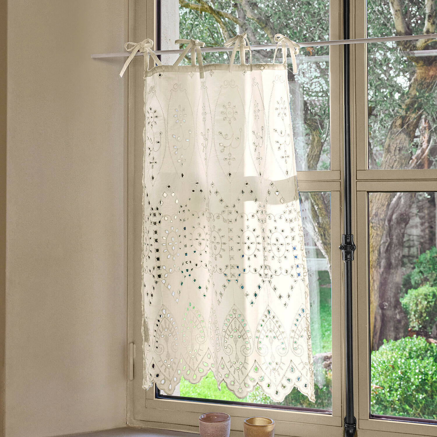 Visillo Quantrelles Cortina blanca de algodón con bordado y diseño calado, decoración para ventana en salón o cocina