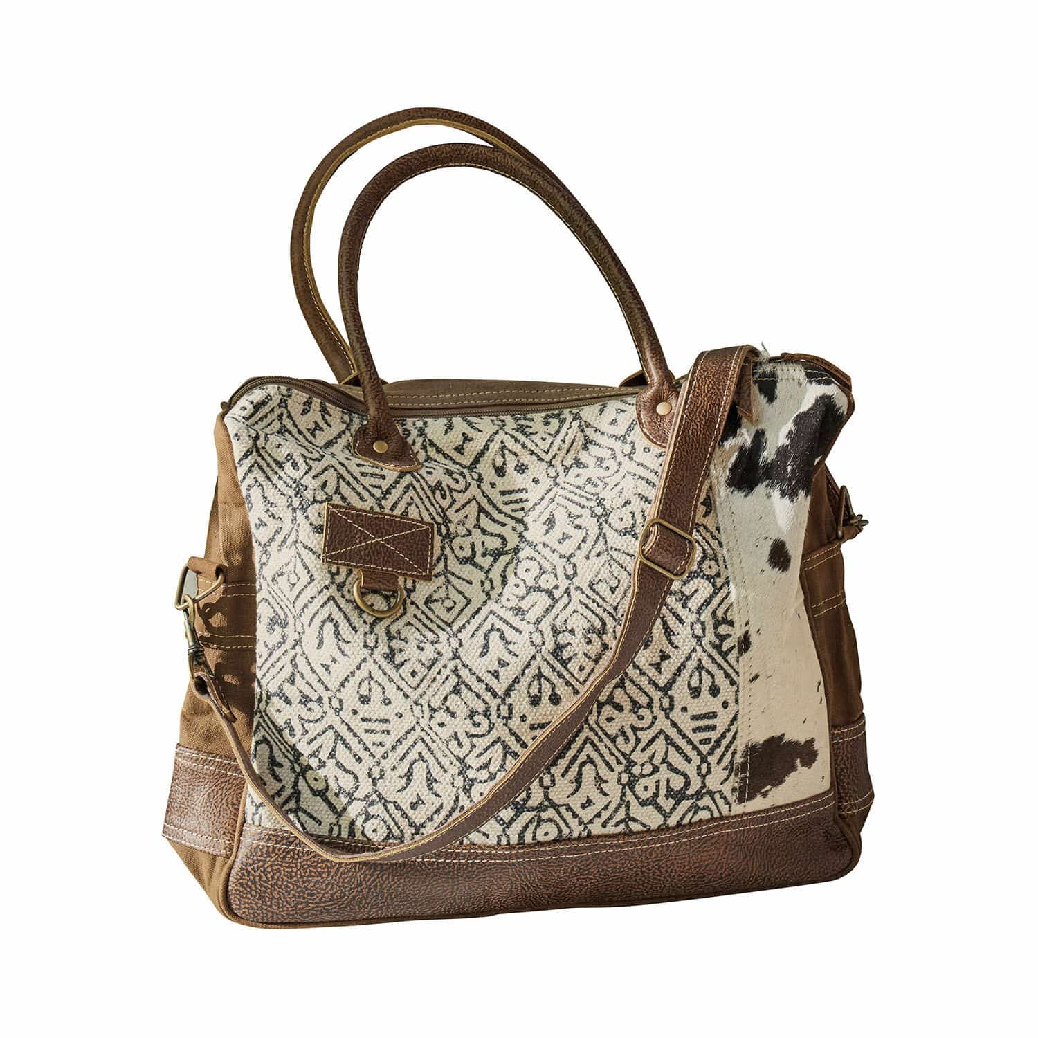 Bolso Elma Bolso de tela estampada con cuero marrón y detalle de piel, accesorio de moda diario