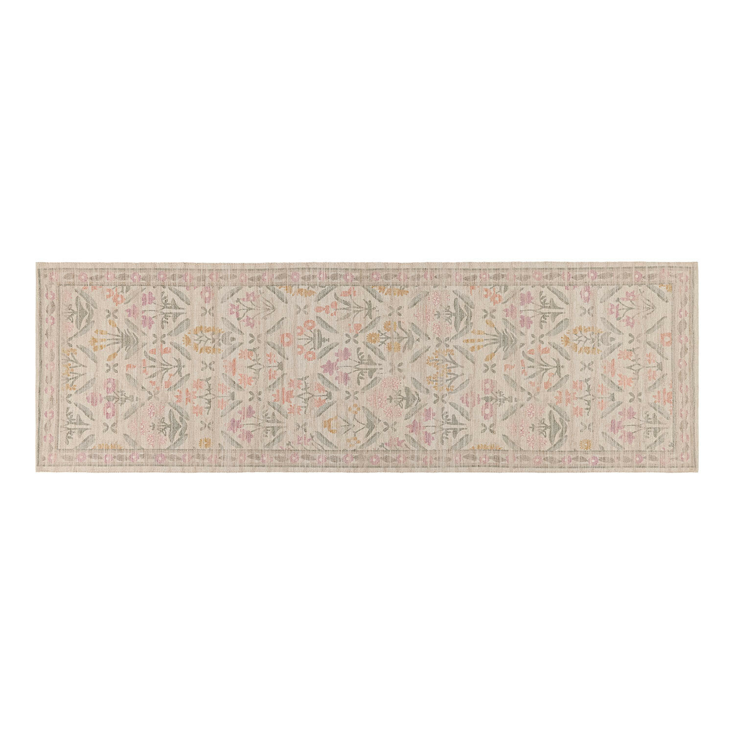 Alfombra larga con delicado diseño floral en colores pastel sobre fondo beige