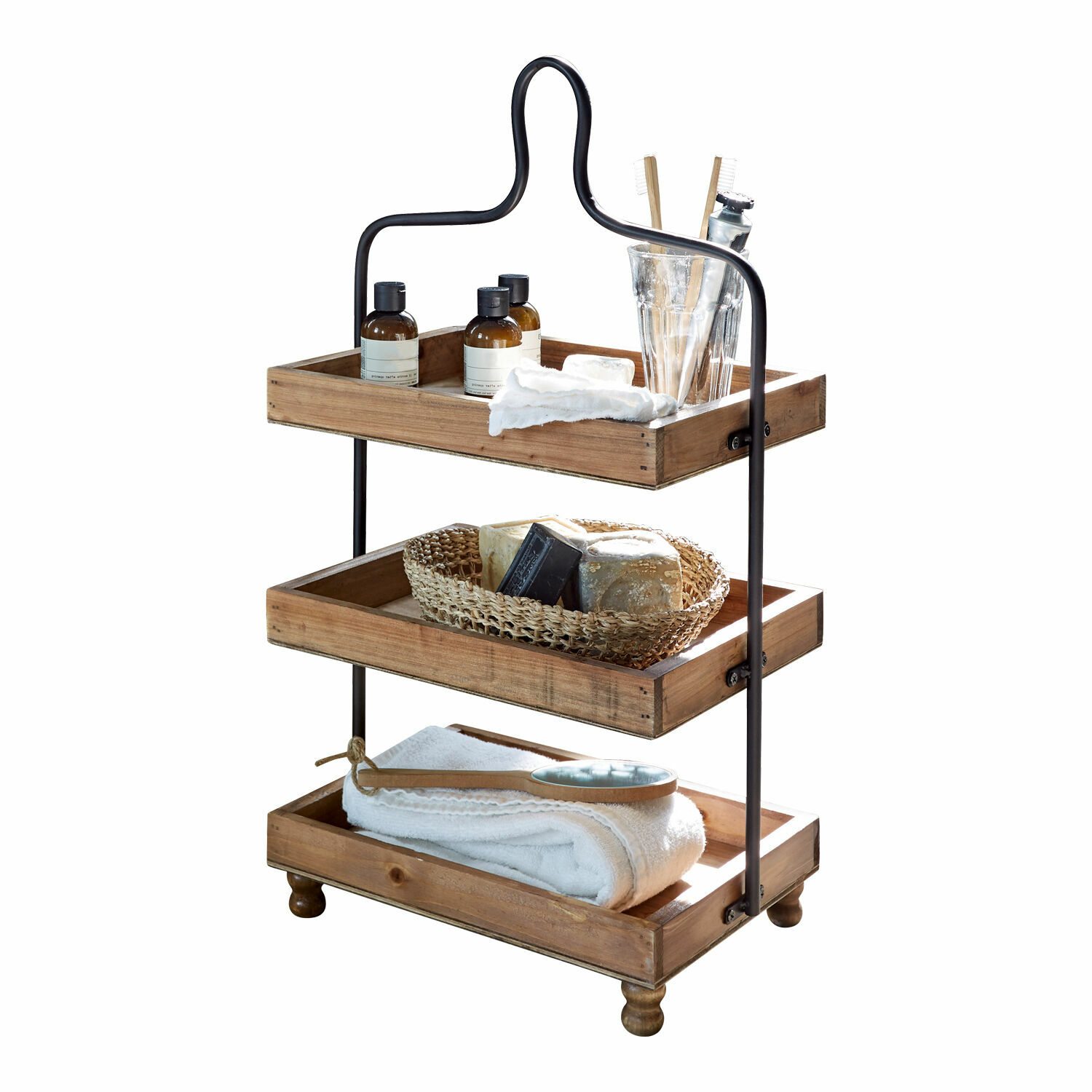 Bandeja de 3 niveles Lasse Estantería de tres niveles de madera y metal con accesorios de baño y toallas en tonos naturales