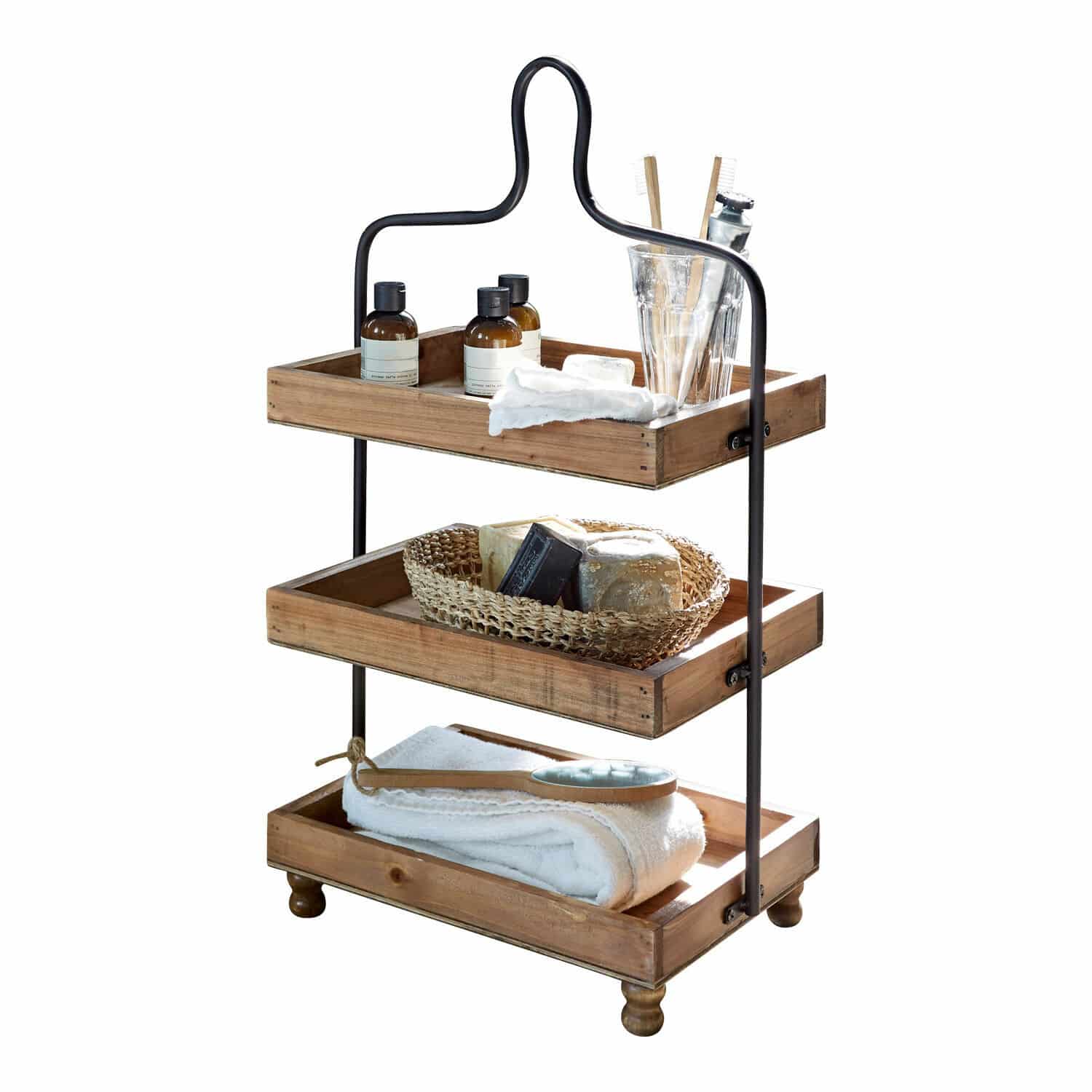 Bandeja de 3 niveles Lasse Estantería de tres niveles de madera y metal con accesorios de baño y toallas en tonos naturales