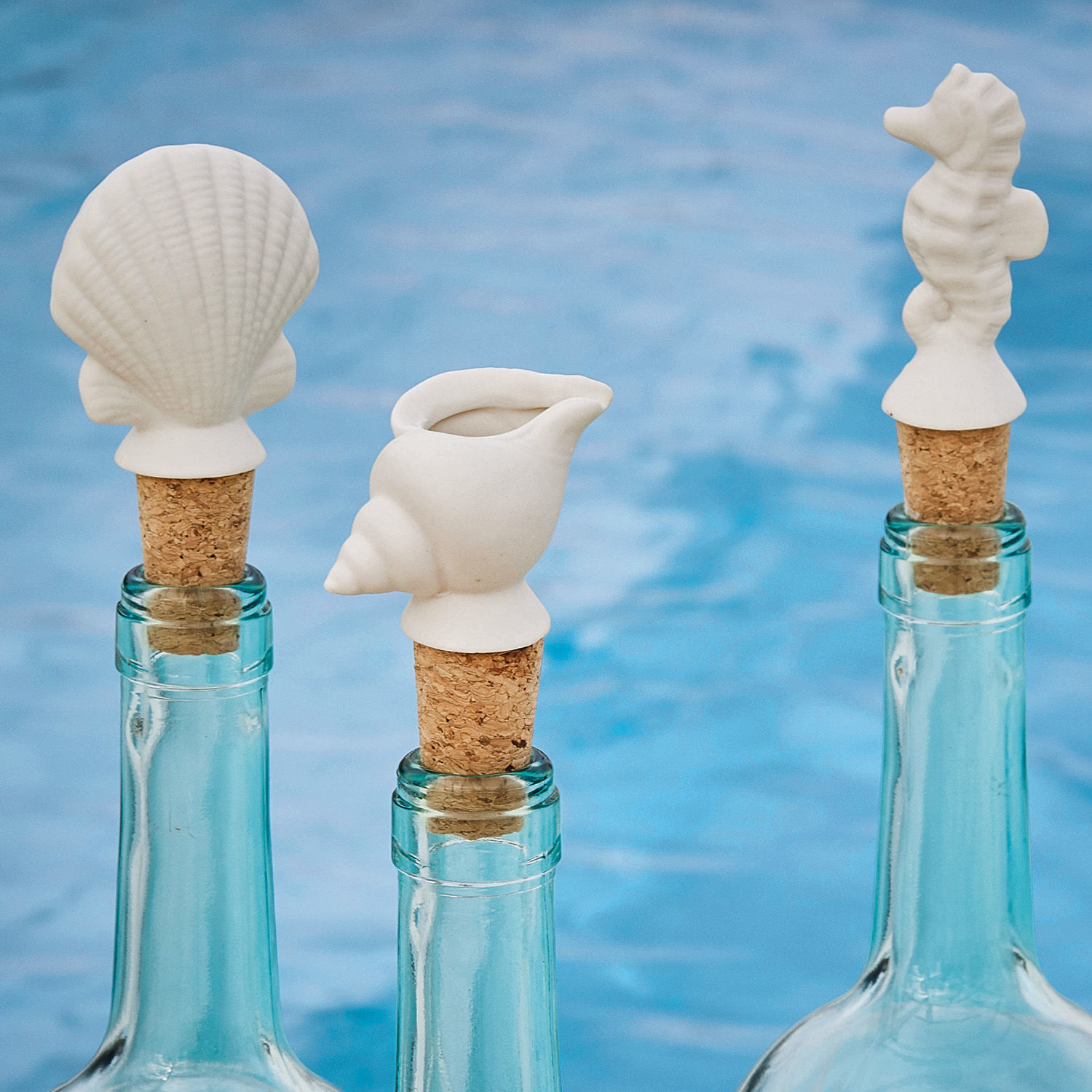 Set de 3 tapones de botella Frisennier Juego de tapones para botellas de cerámica blanca con formas de concha, caballito de mar y caracola