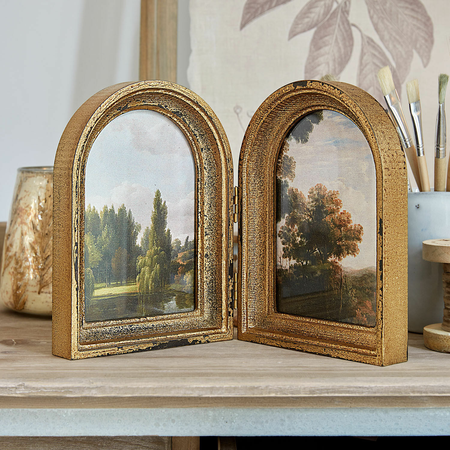 Marco Beaurain Marco doble dorado de madera con pinturas de paisajes, decoración para interiores