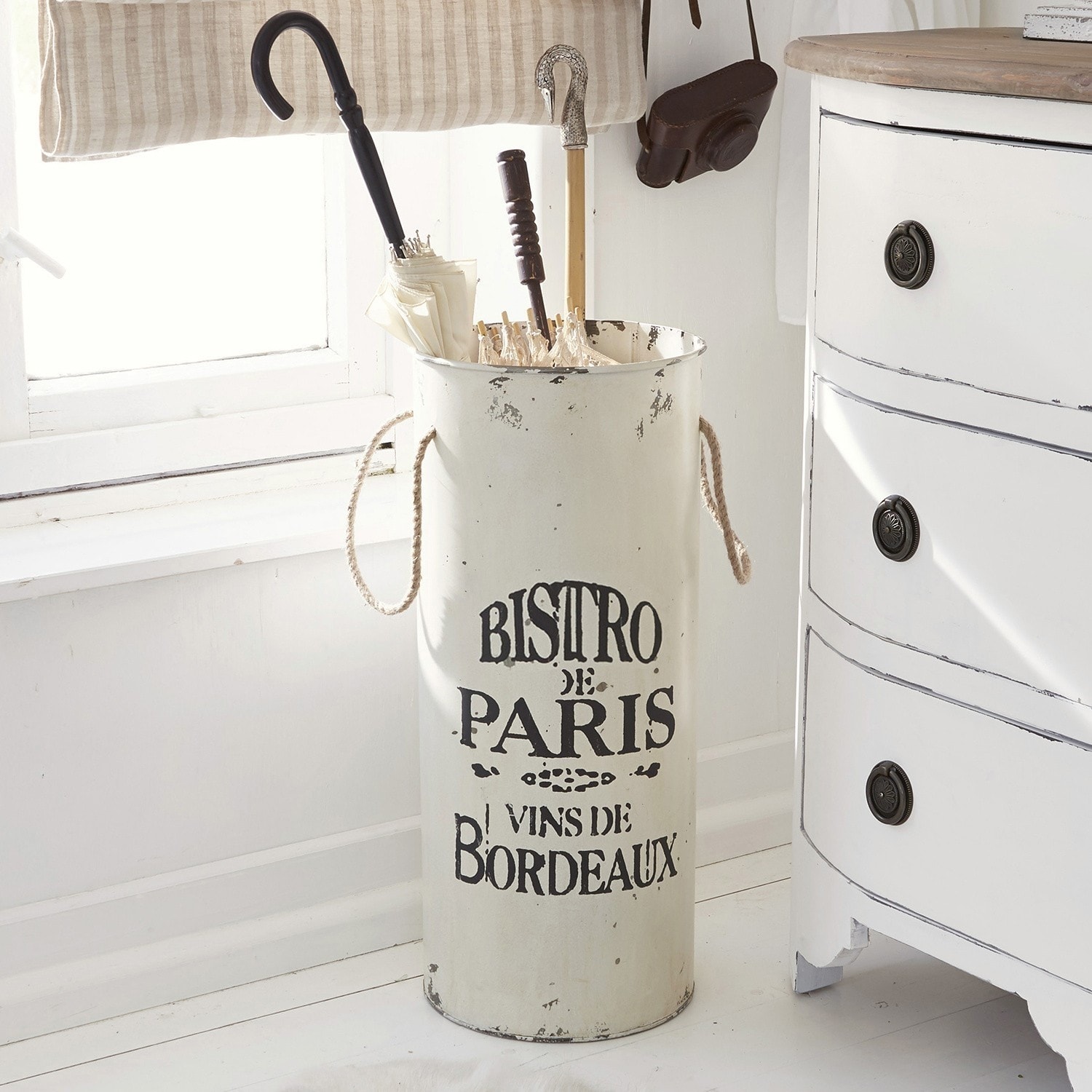 Paragüero Bordeaux Soporte para paraguas metálico blanco con texto Bistro de Paris estilo vintage para recibidor