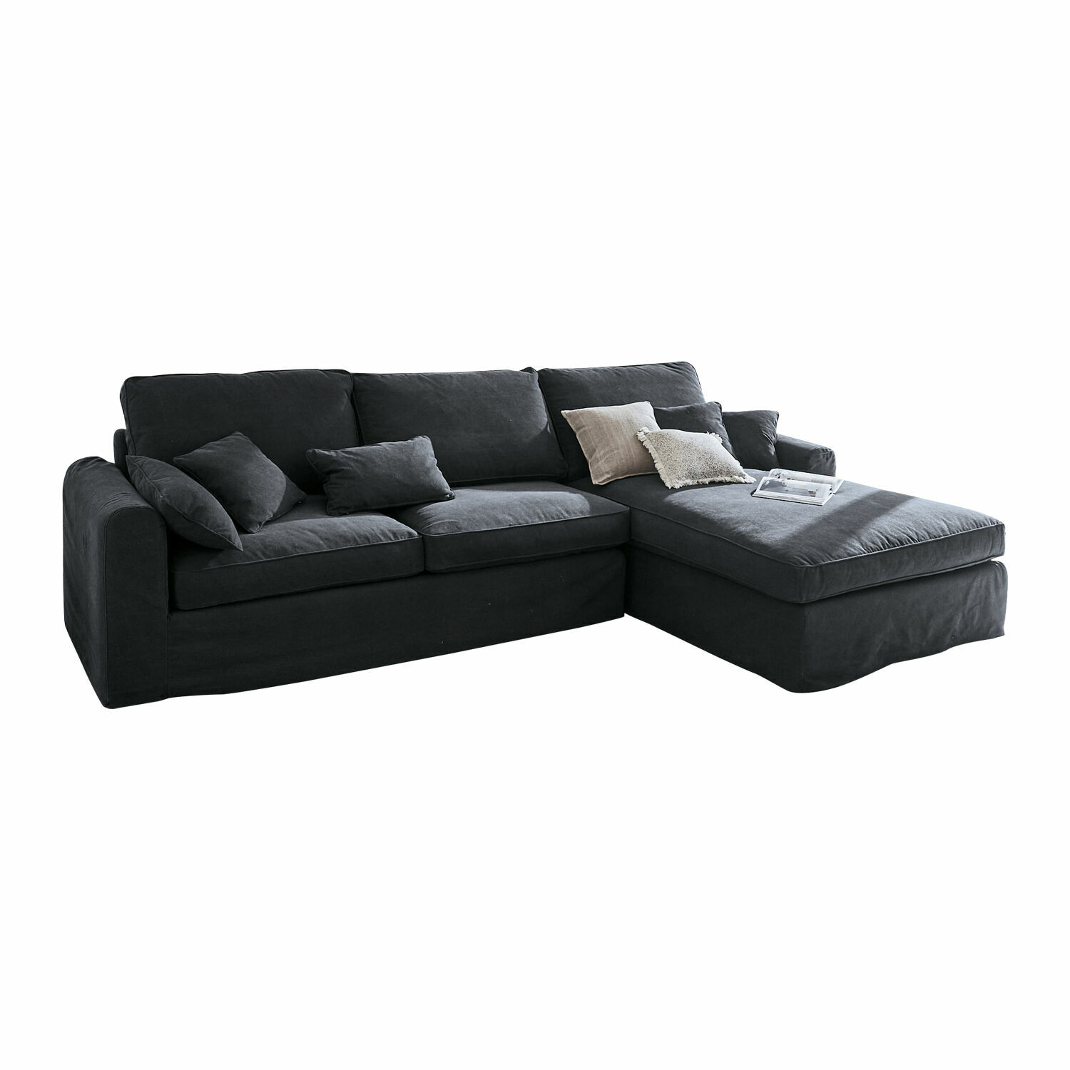 Sofá Seaford Sofá esquinero grande negro de tela con cojines, cómodo para sala