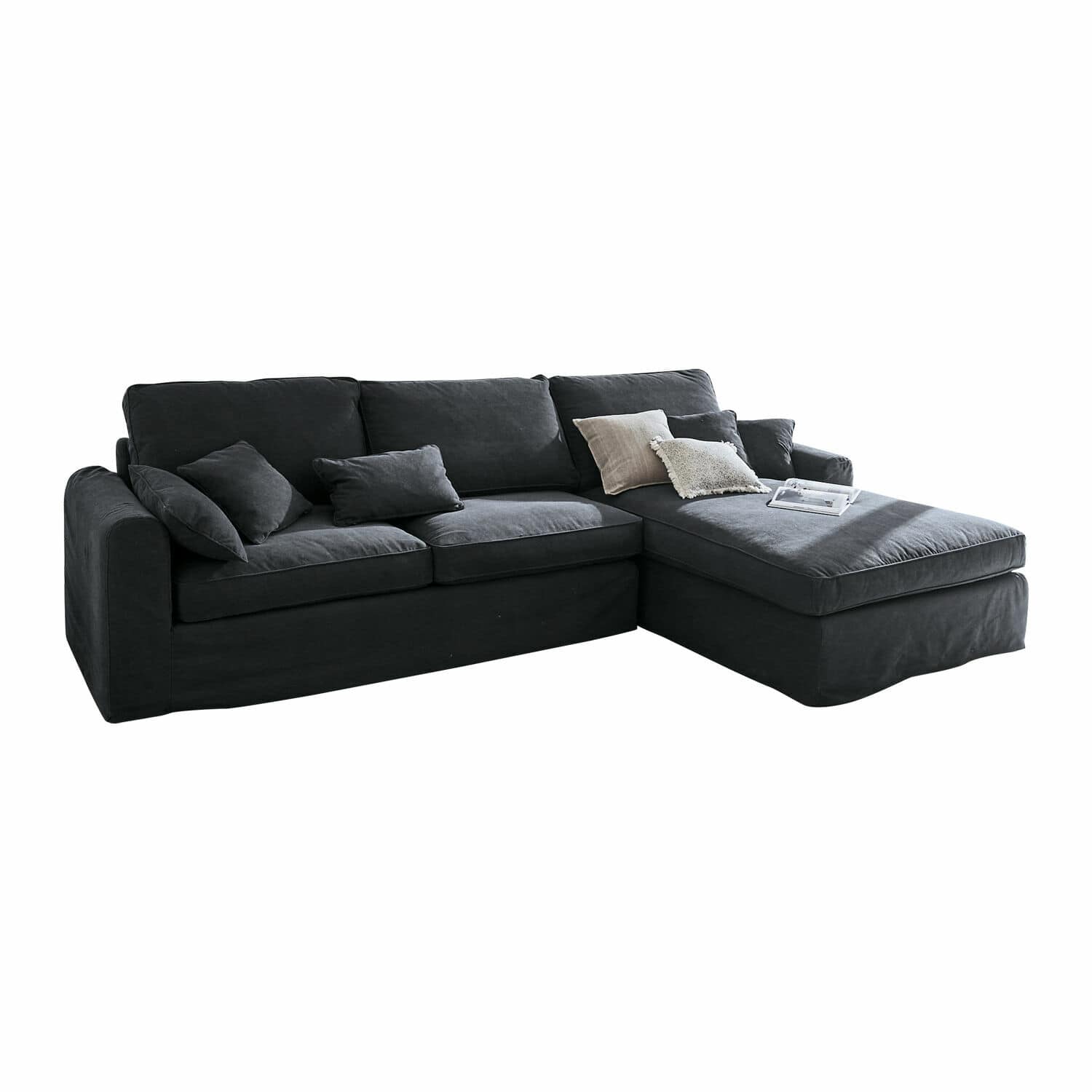 Sofá Seaford Sofá esquinero grande negro de tela con cojines, cómodo para sala