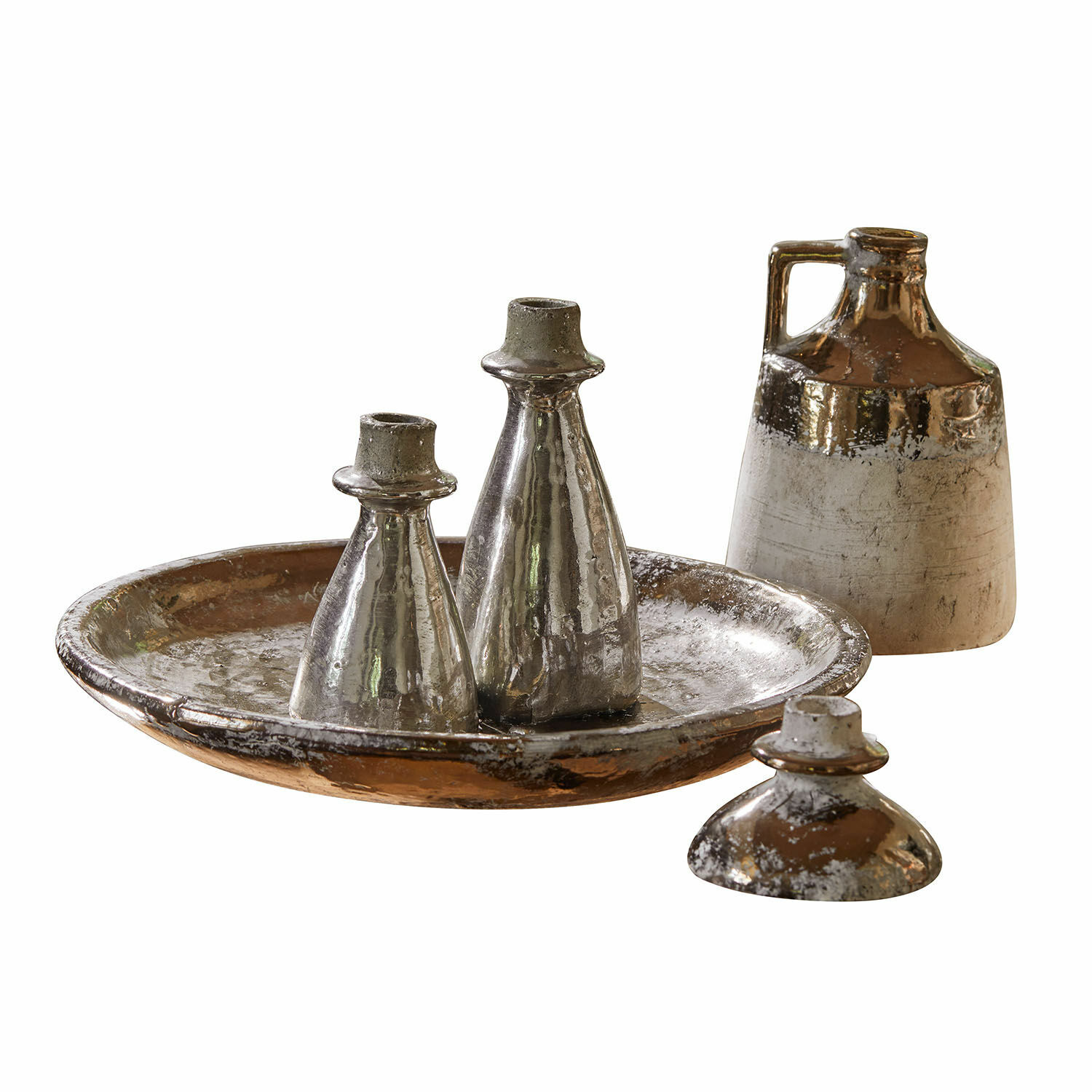 Bandeja con jarrones Tameena Conjunto decorativo de cerámica en color plata y marrón con bandeja y botellas para interiores vintage