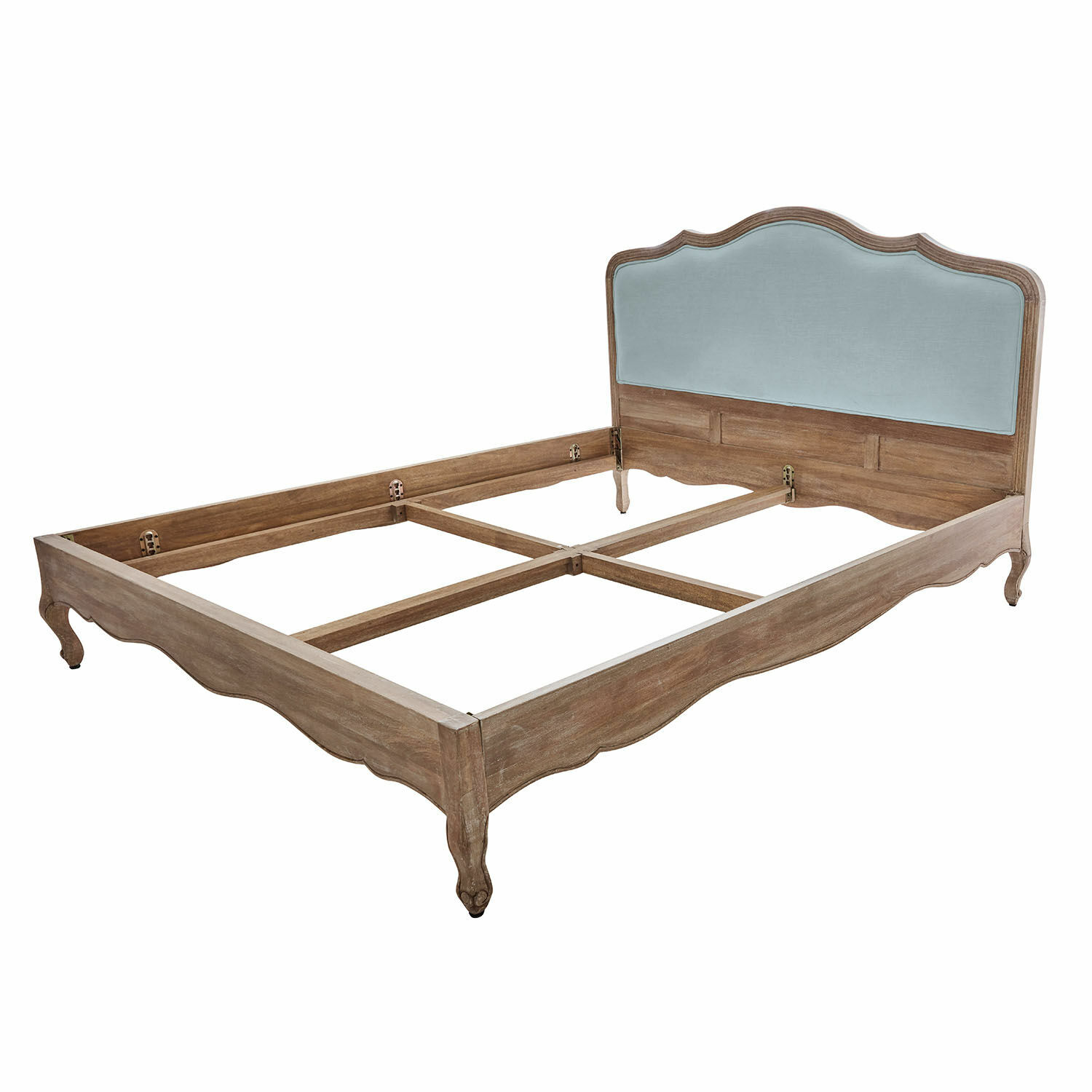 marrón/azul Cama Serravalle de madera marrón con cabecero tapizado azul, diseño vintage elegante