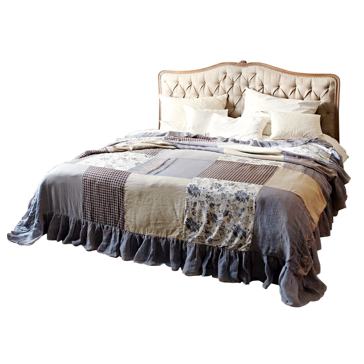 Cama Declaire Cama con cabecero acolchado beige y colcha patchwork en tonos grises y beige para dormitorio