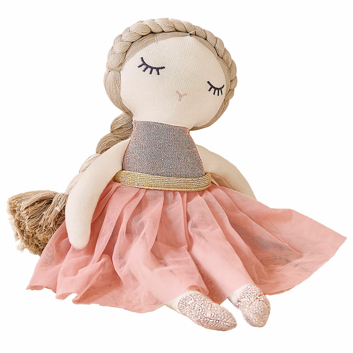Muñeca de trapo Pebblino Muñeca de tela suave con vestido de tul rosa y cinturón dorado, juguete decorativo infantil