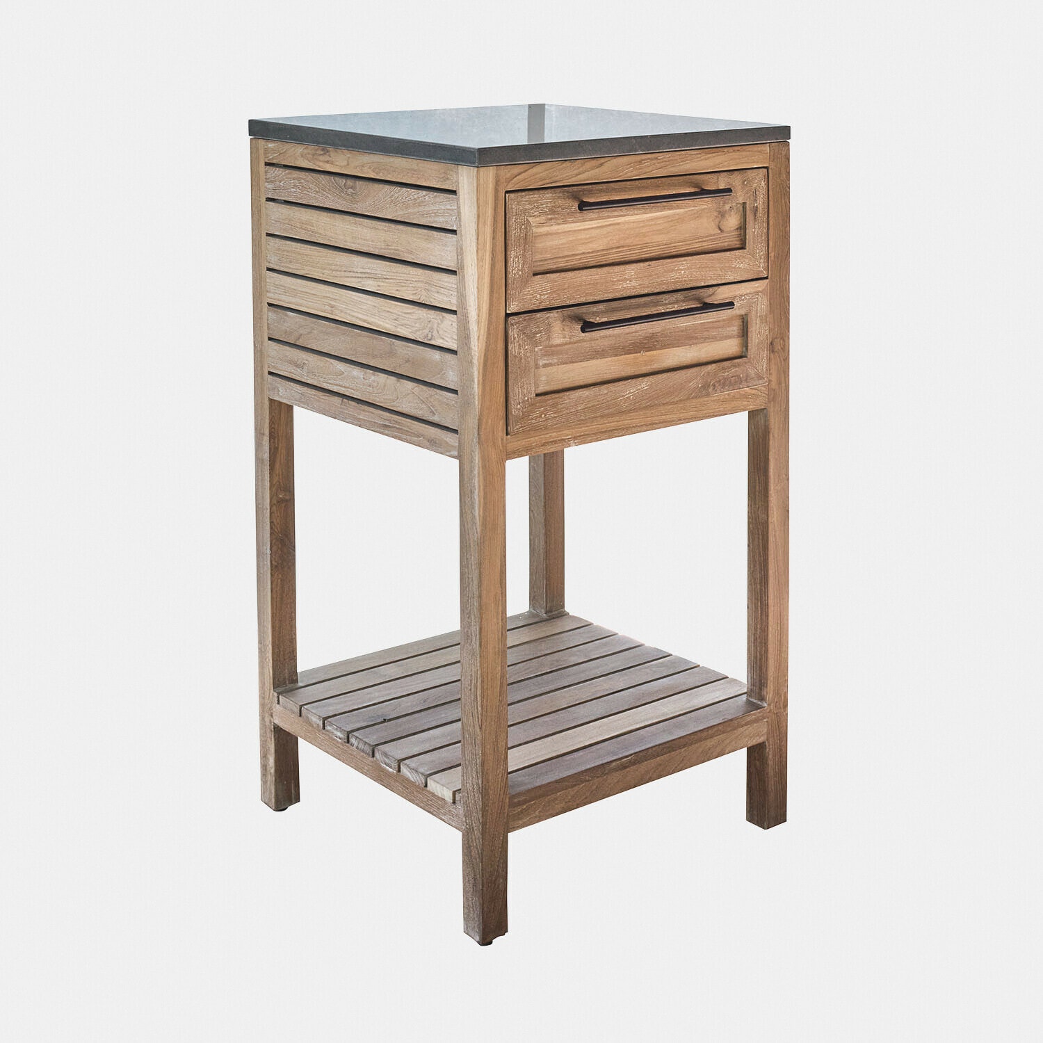 Mueble de madera con dos cajones y estante inferior, encimera de piedra oscura, almacenamiento funcional