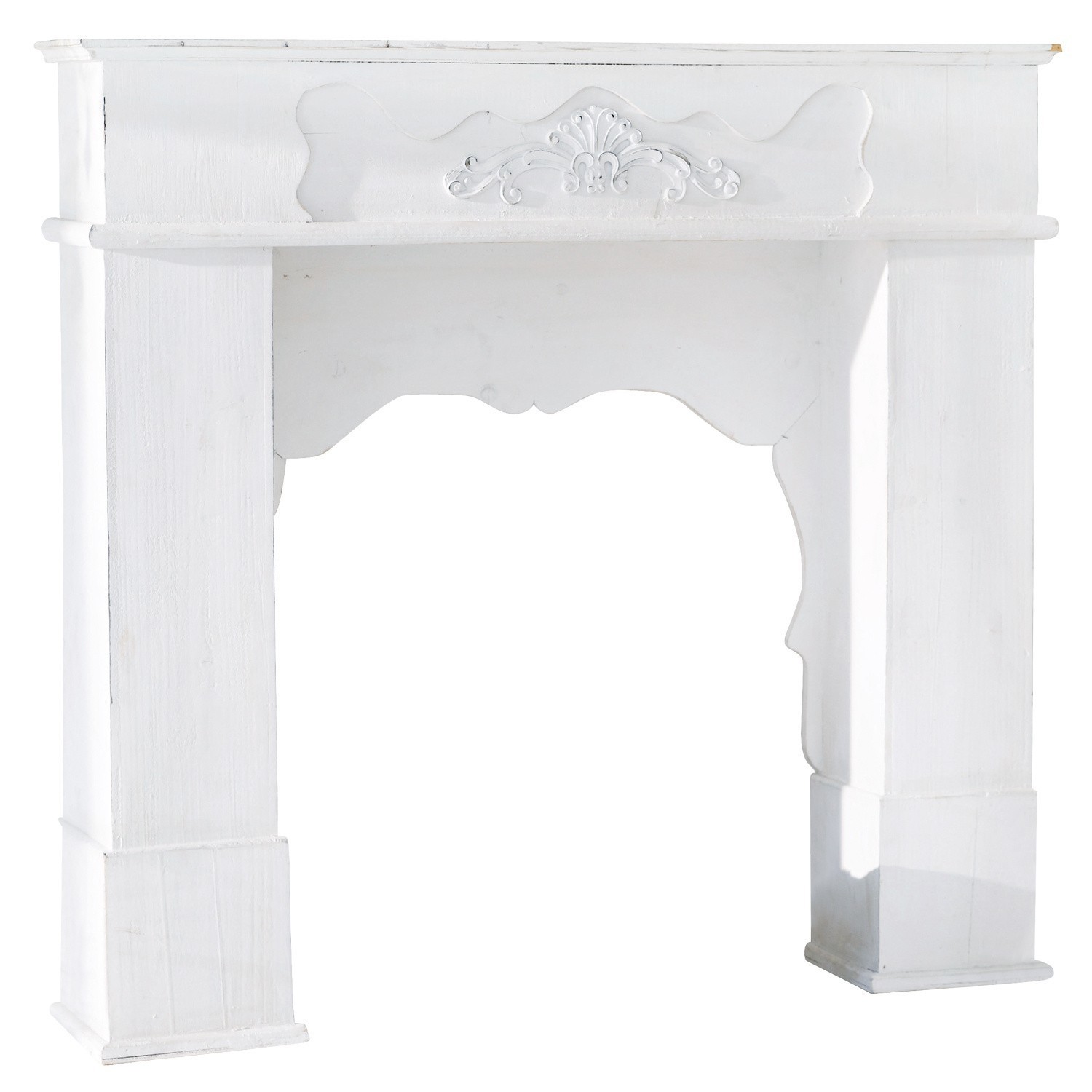 blanco envejecido Consola de chimenea Margaux blanca de madera con tallado decorativo, estilo vintage elegante
