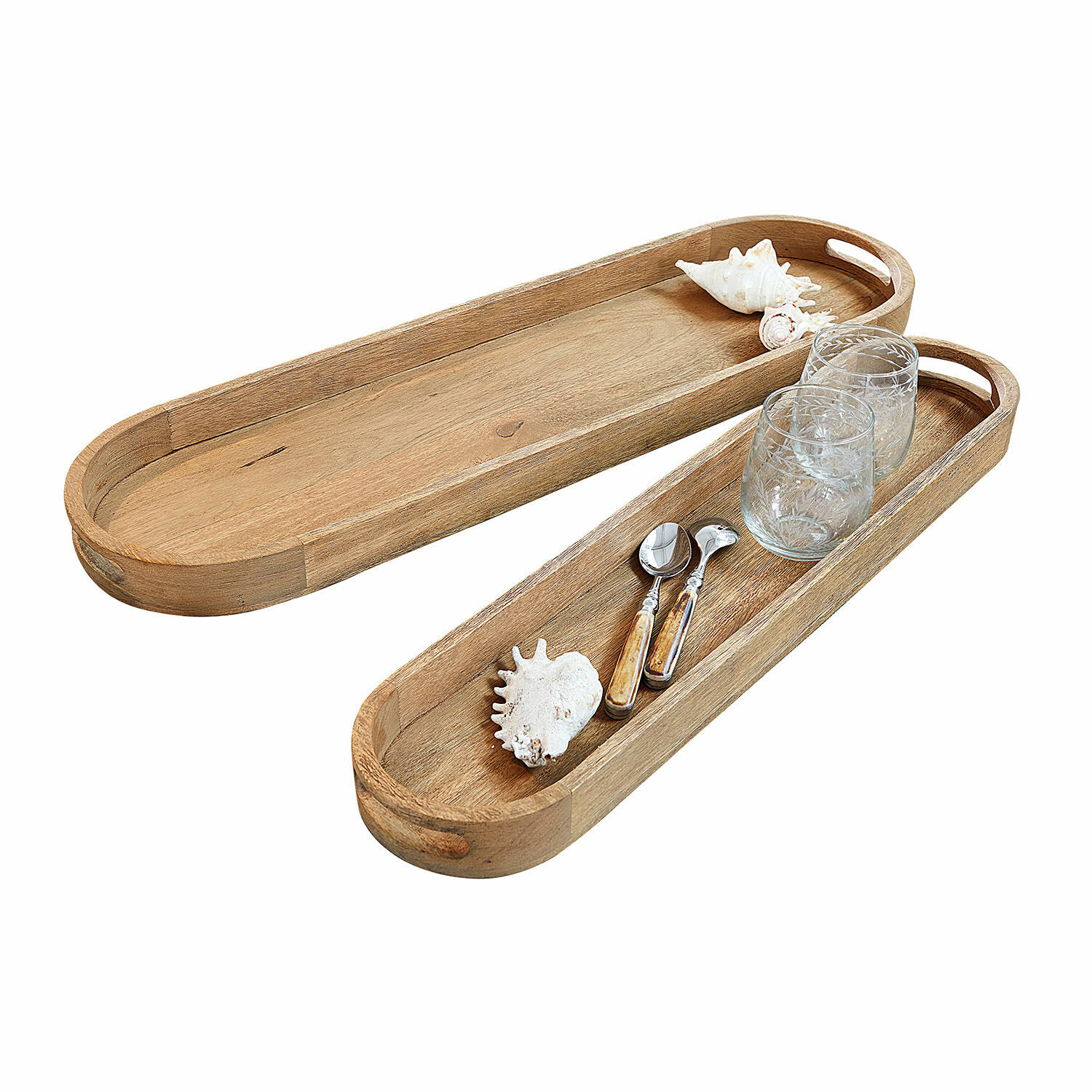 Set de 2 bandejas Zephyria Dos bandejas alargadas de madera de mango natural para servir bebidas y aperitivos