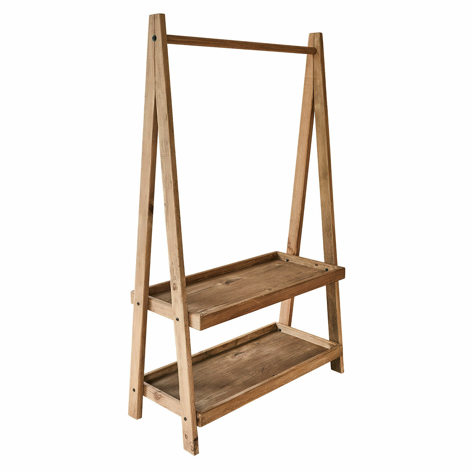 Perchero Avel Soporte de madera natural con dos estantes y barra, mueble versátil para almacenamiento y decoración