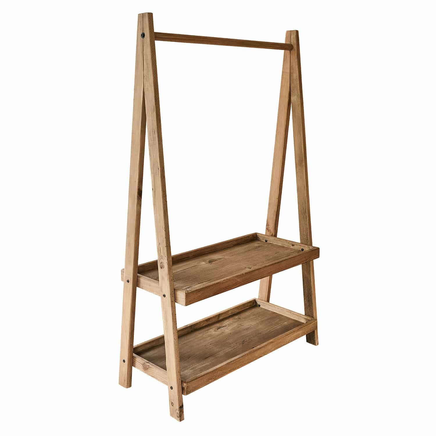 Perchero Avel Soporte de madera natural con dos estantes y barra, mueble versátil para almacenamiento y decoración