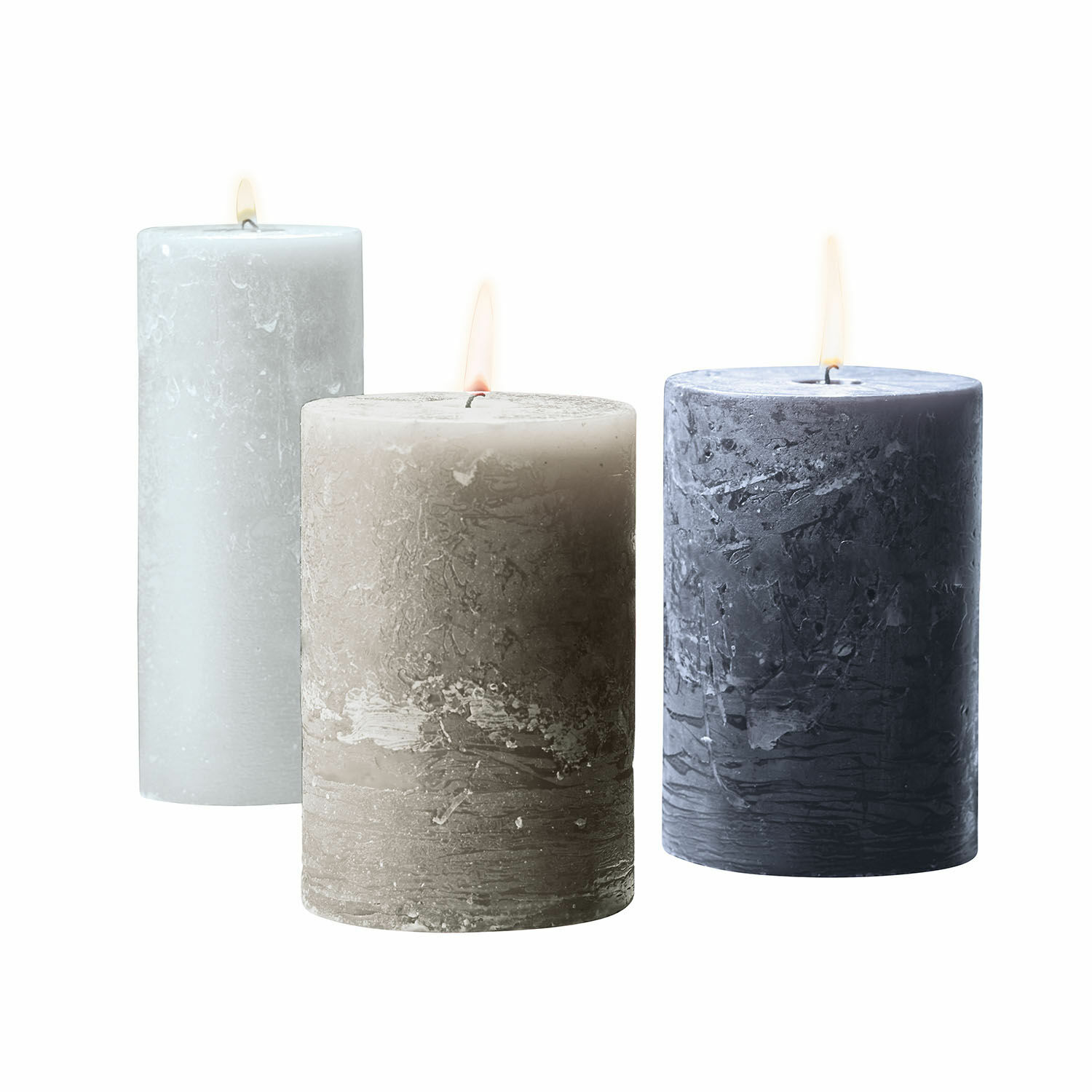Set de 3 velas Salis en cera natural color crema, gris y taupe para decoración ambiental