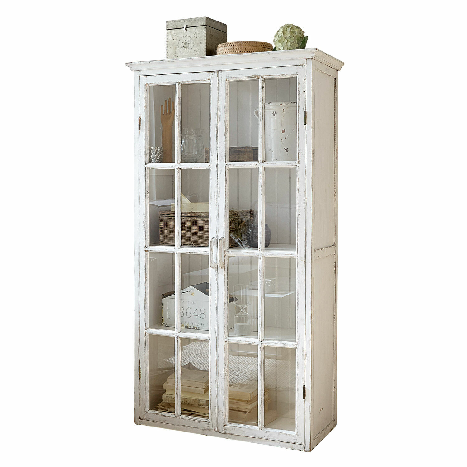 blanco envejecido Armario Keanu de madera blanco antiguo con puertas de cristal para almacenar decoración y libros
