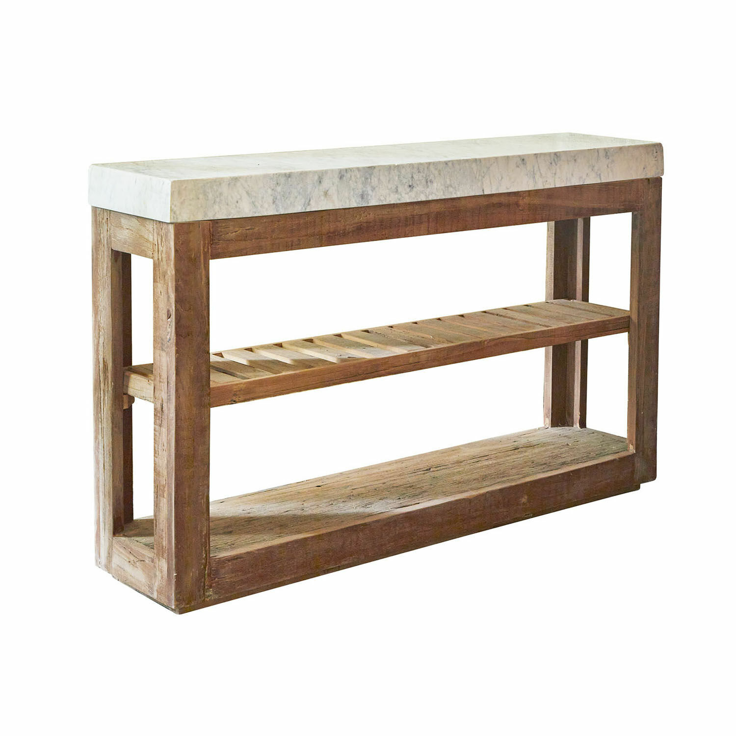 Consola Tresienne Consola con tablero de mármol blanco y estructura de madera natural, mueble para salón