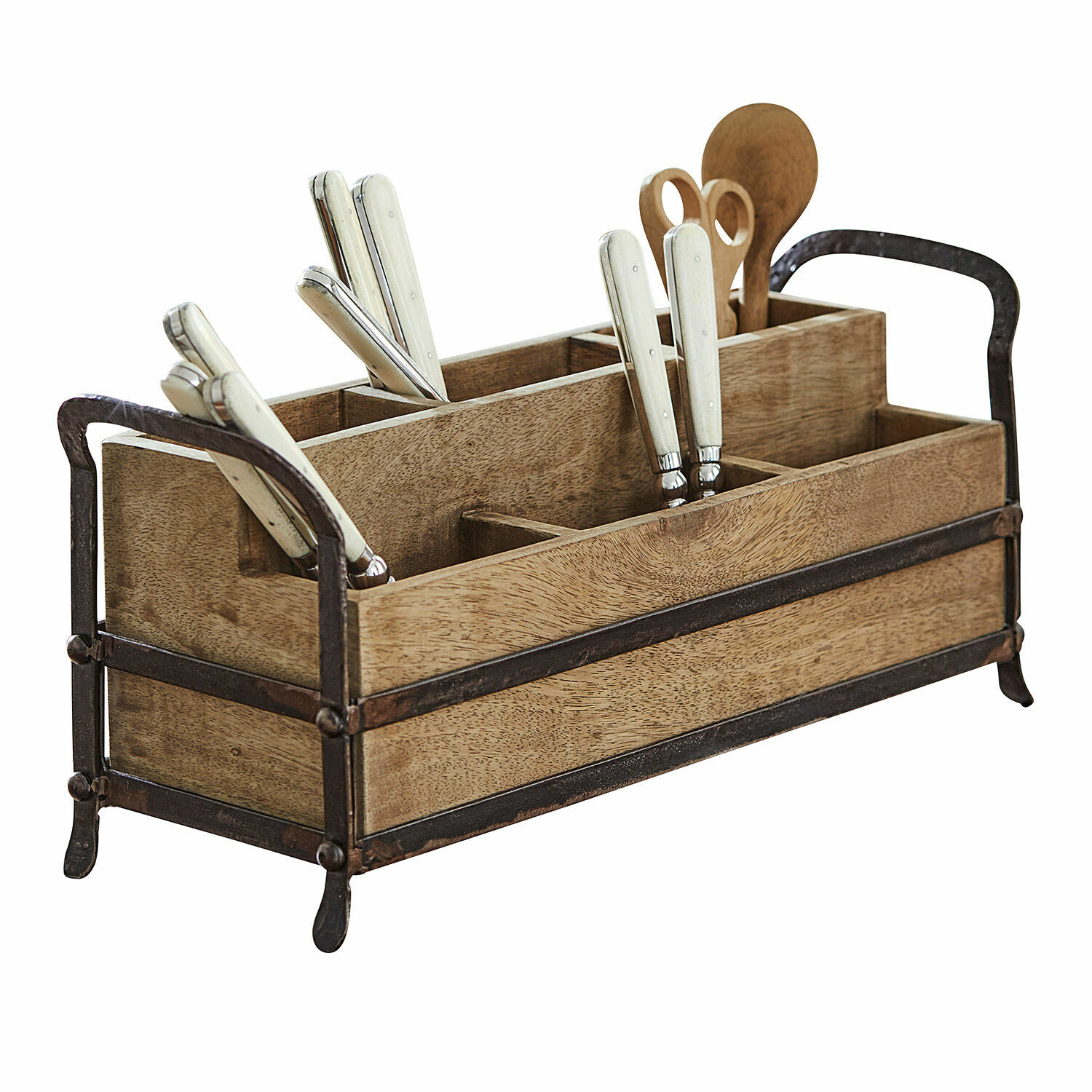 Organizador Troyes Organizador de cocina de madera con asas de metal y cubiertos blancos, almacenamiento práctico