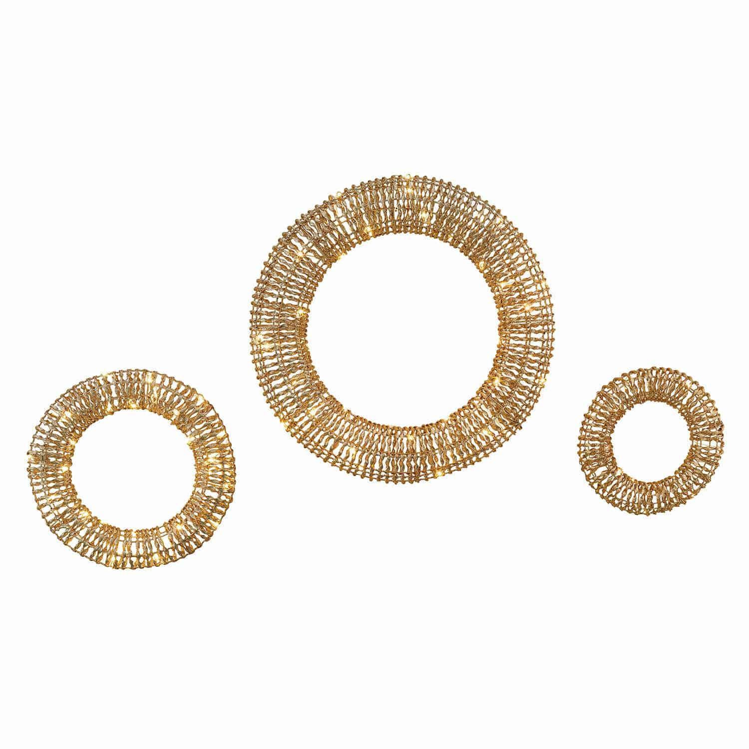 Set de 3 coronas LED Antorino Conjunto de tres decoraciones murales redondas de ratán natural dorado para salón moderno
