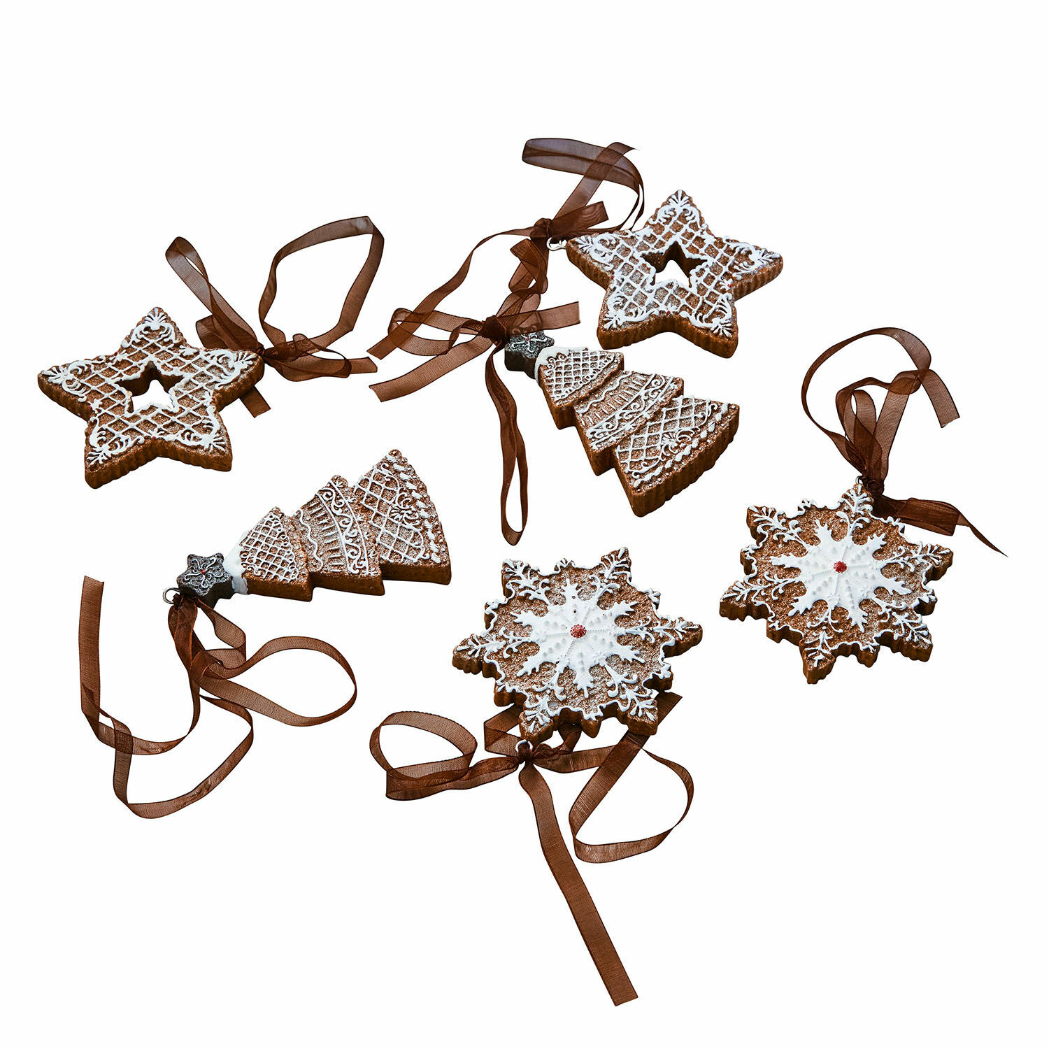 Set de 6 colgantes Chimayo Conjunto de adornos navideños de jengibre en forma de estrella, árbol y copo con cinta marrón