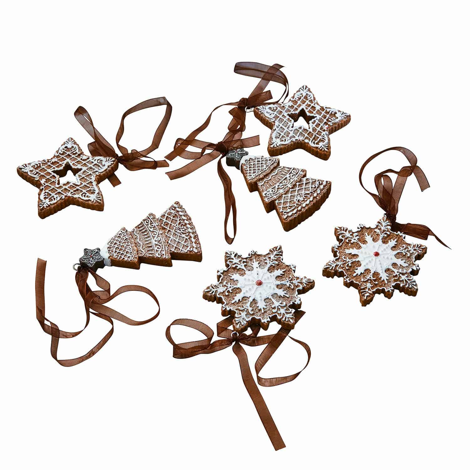 Set de 6 colgantes Chimayo Conjunto de adornos navideños de jengibre en forma de estrella, árbol y copo con cinta marrón