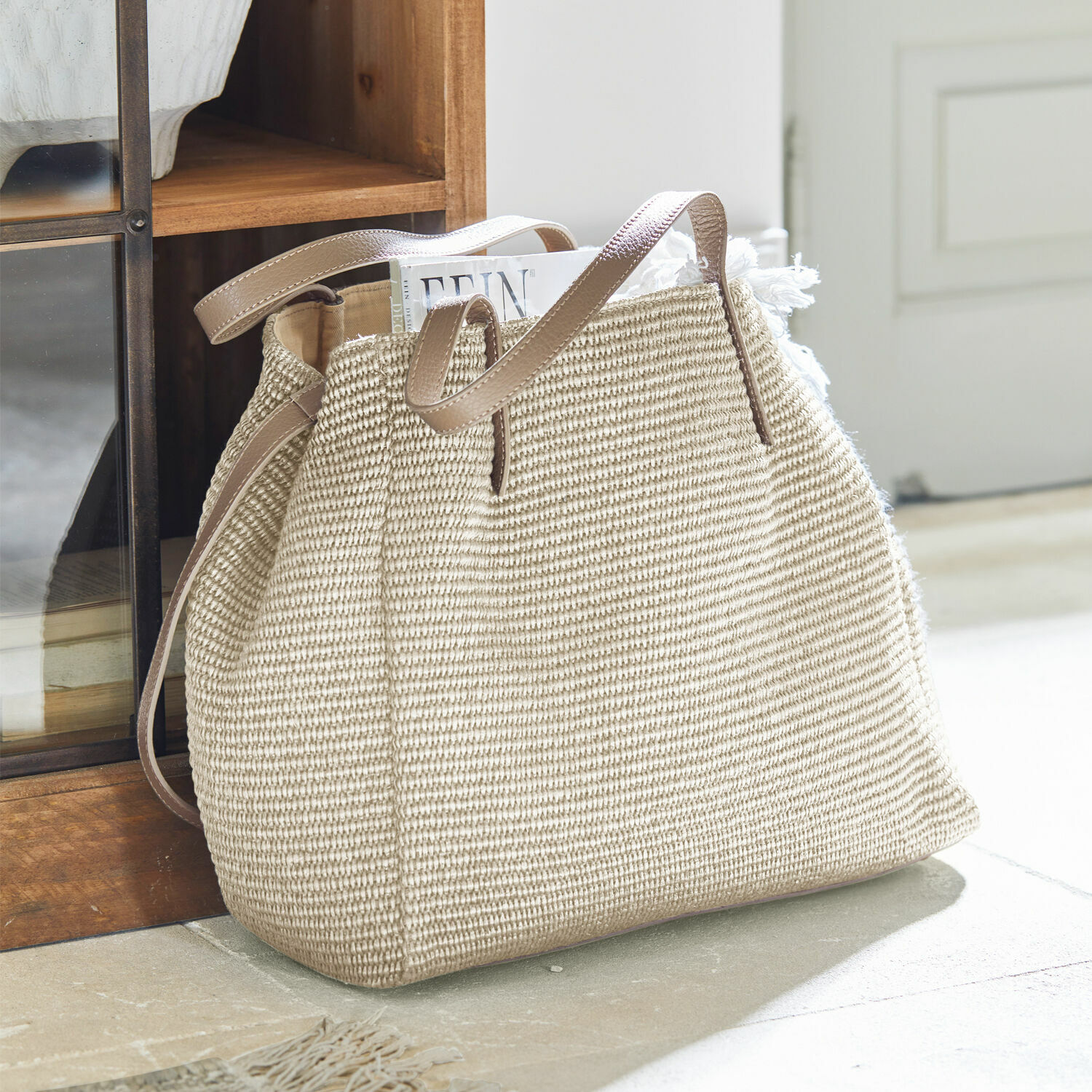 Bolso Treffrin Bolso beige de material tejido con asas de cuero marrón, bolso elegante para compras