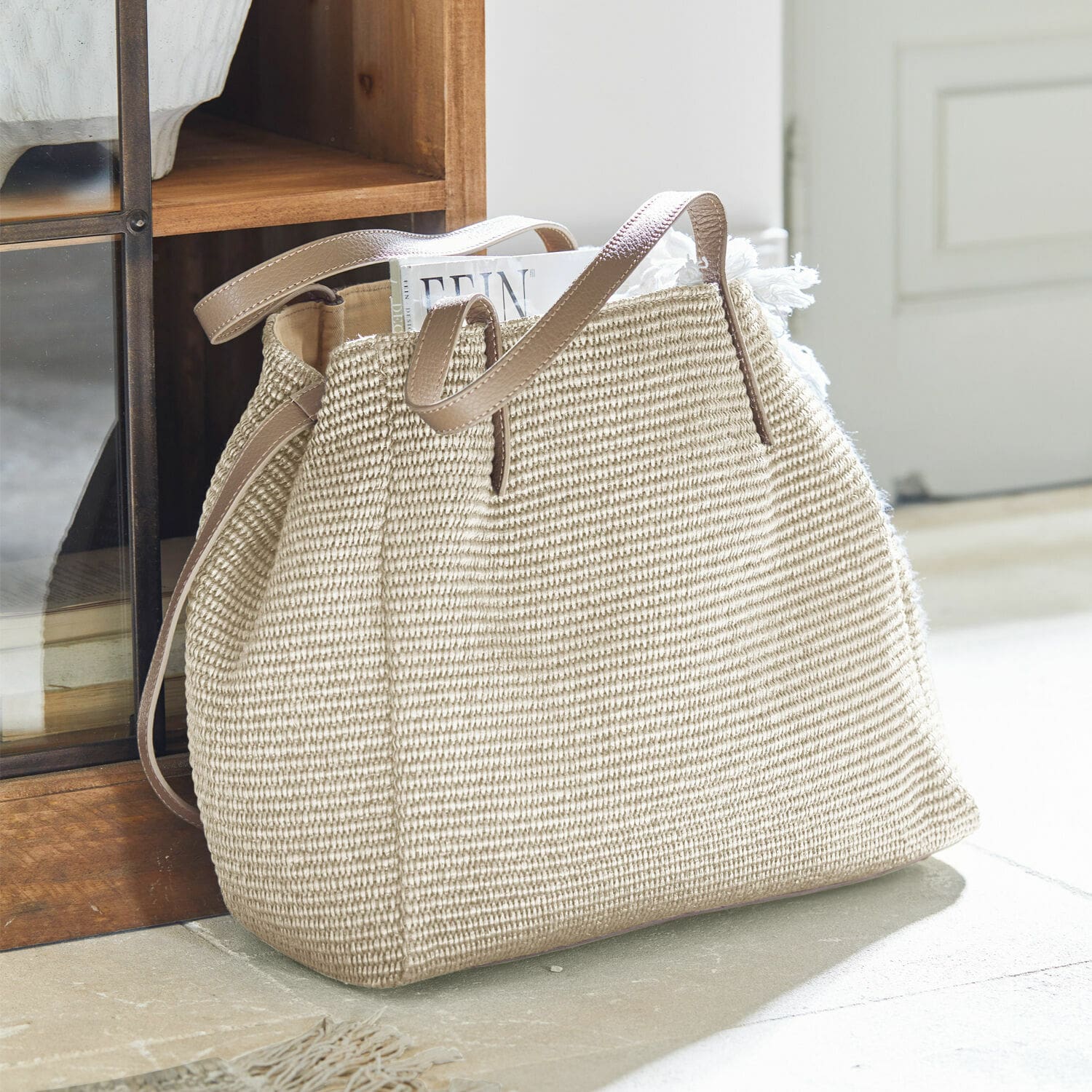 Bolso Treffrin Bolso beige de material tejido con asas de cuero marrón, bolso elegante para compras