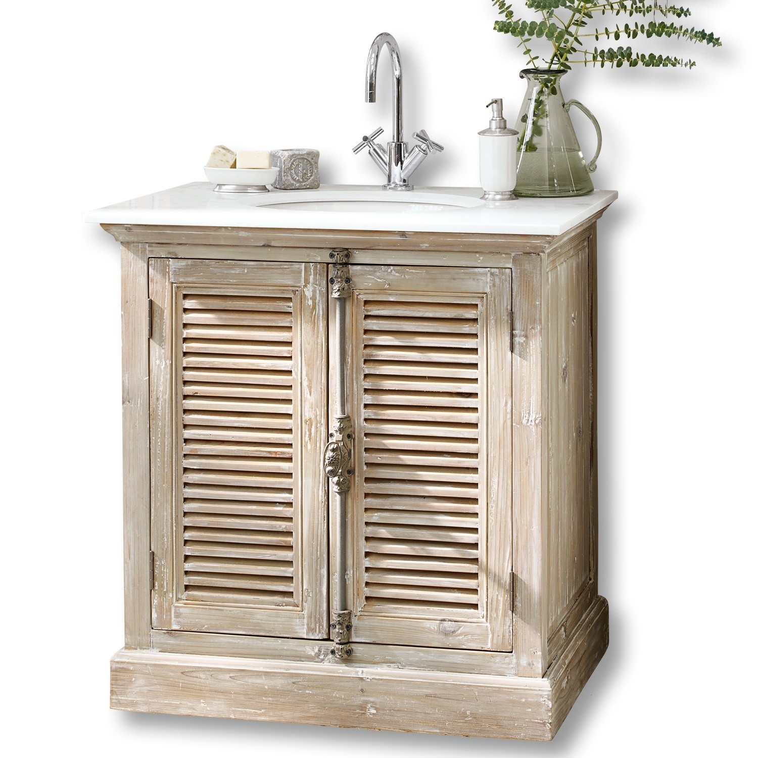 Mueble de baño con lavabo Cuthbert Mueble de baño rústico de madera con encimera de mármol blanco y grifo cromado