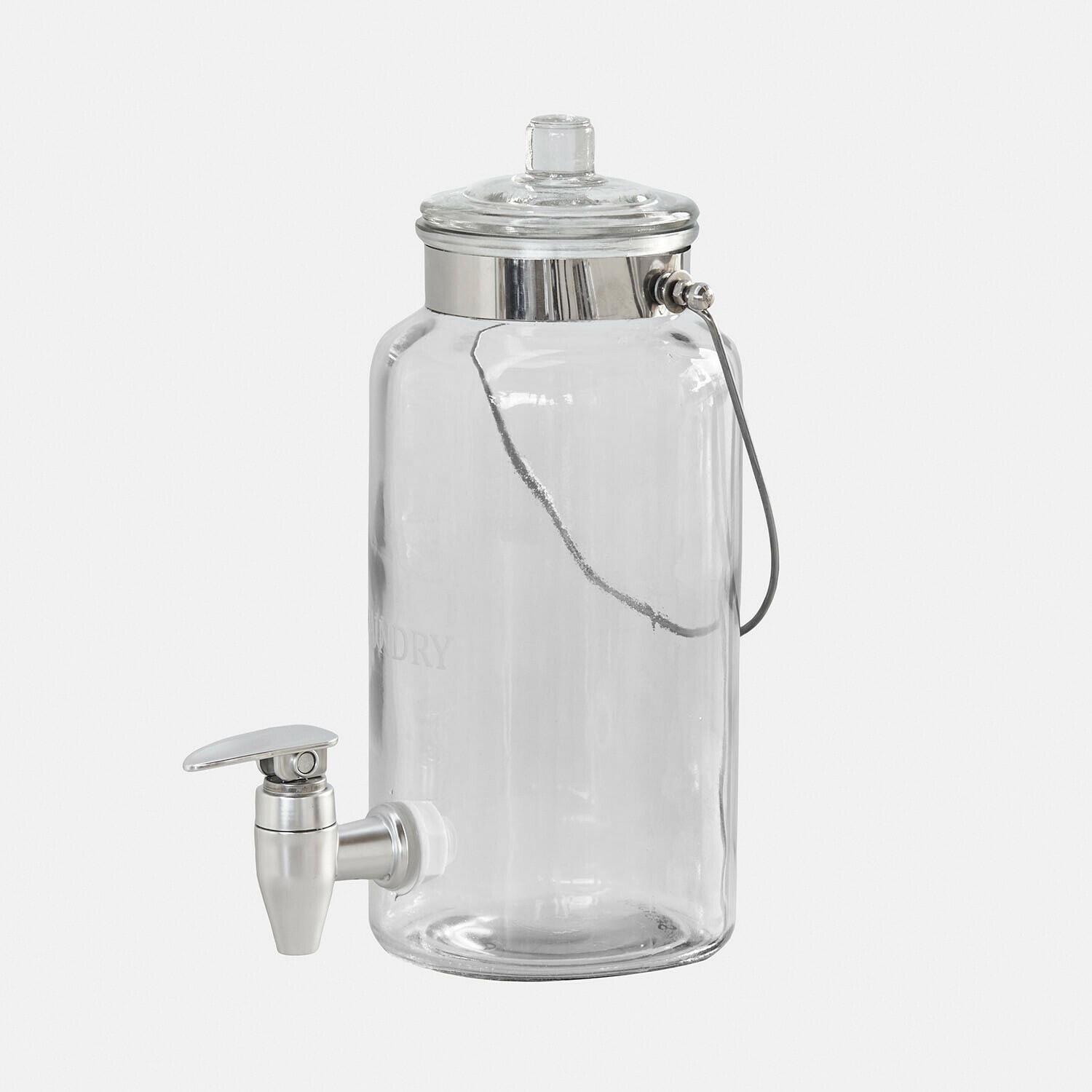 Dispensador de bebidas de vidrio transparente con tapa y grifo metálico, asa lateral
