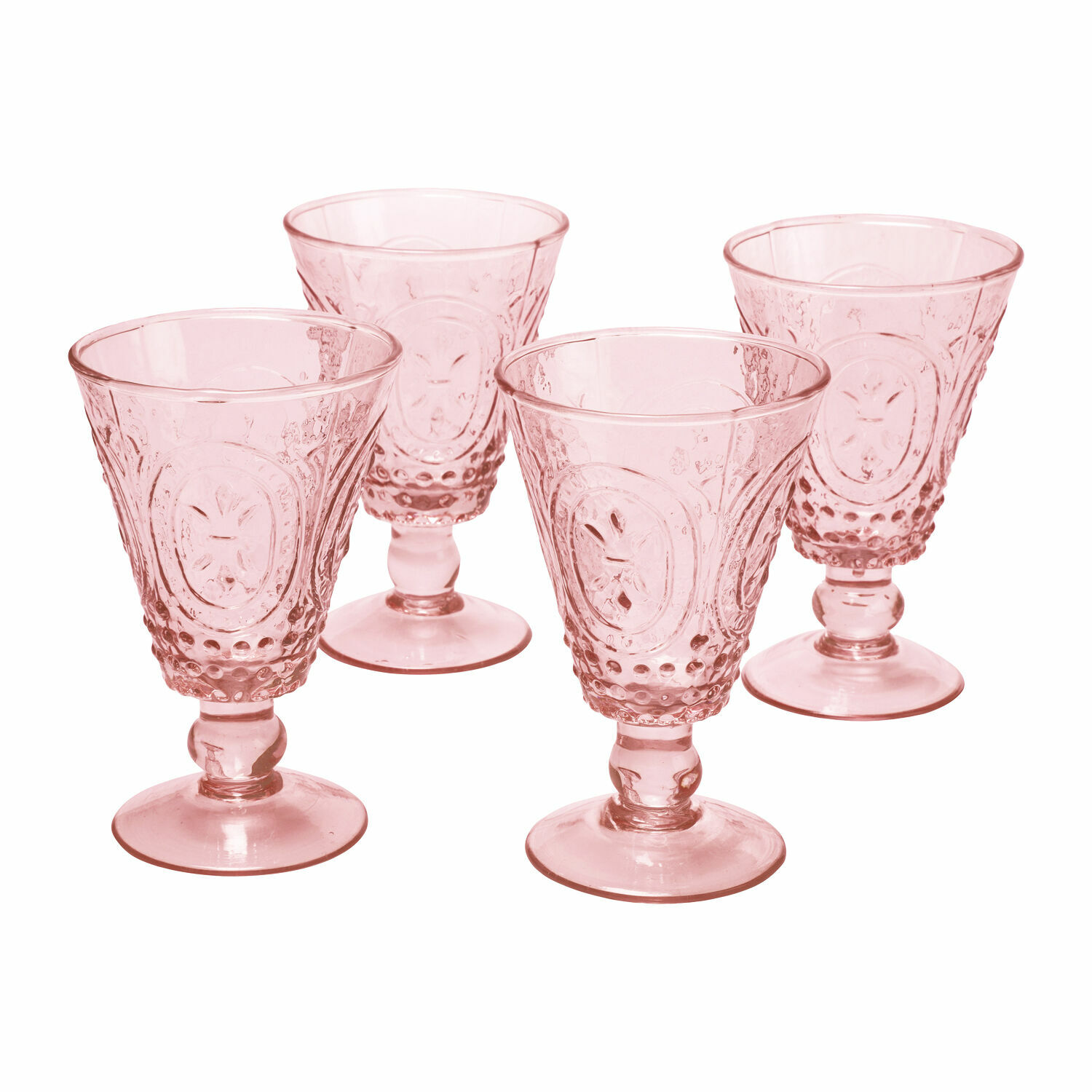Set de 4 copas de vino Sarton Conjunto de cuatro vasos rosas de vidrio transparente con diseño decorativo para bebidas