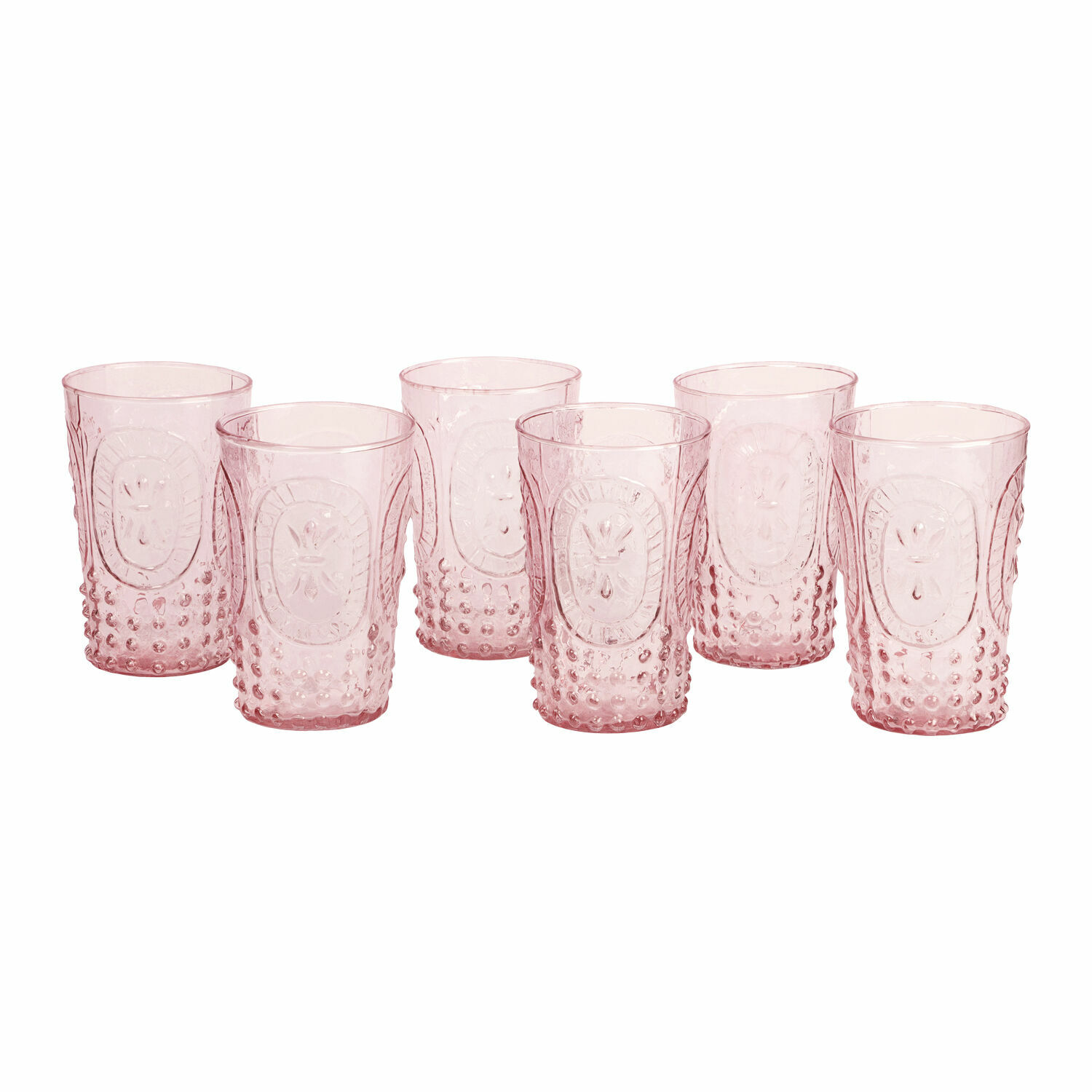 rosa Set de 6 vasos rosas Fleury de vidrio con diseño decorativo, ideal para bebidas.