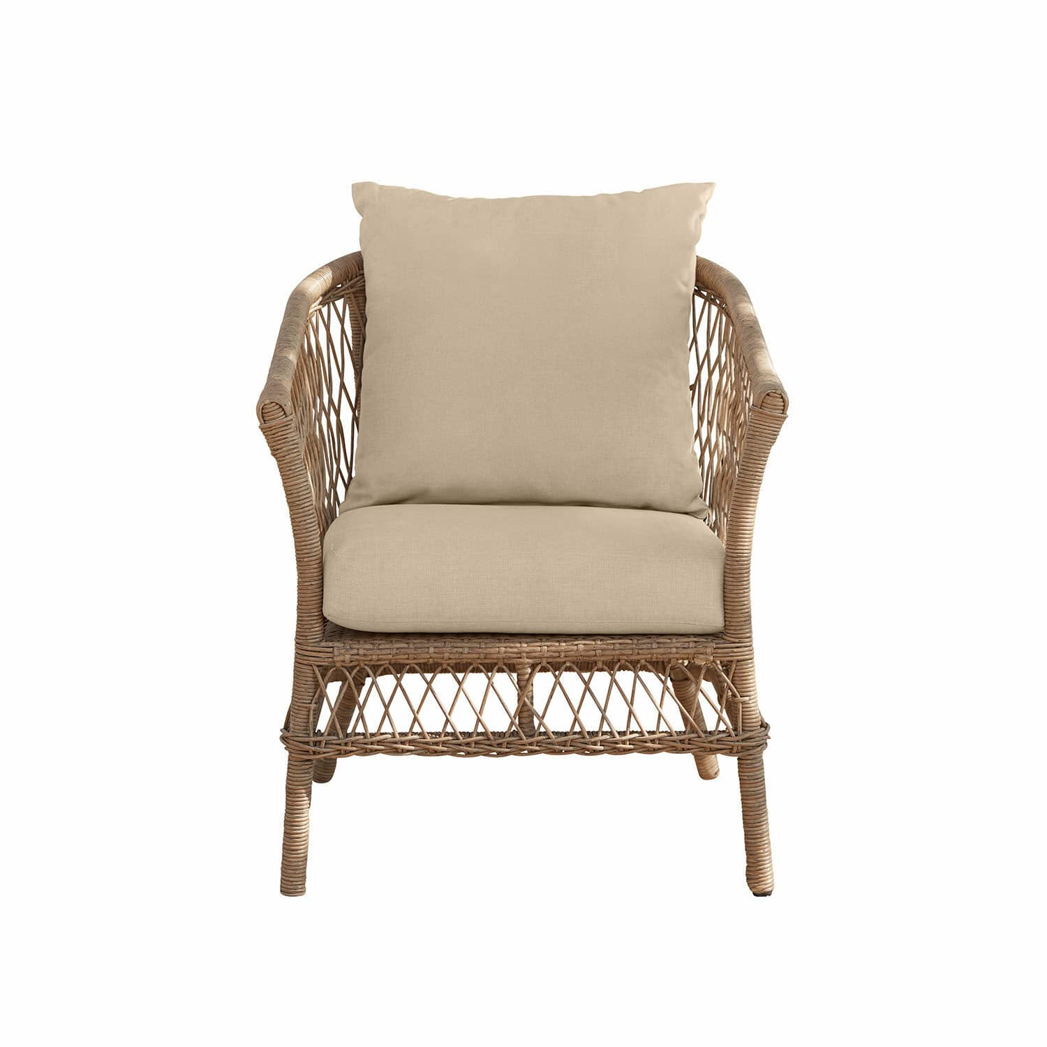 Sillón Farington Sillón de ratán con cojines beige, material natural, ideal para salón y jardín