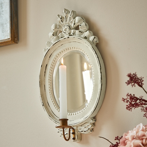 Espejo de pared ovalado de madera blanca con soporte para vela decorativo, estilo vintage, decoración de pared