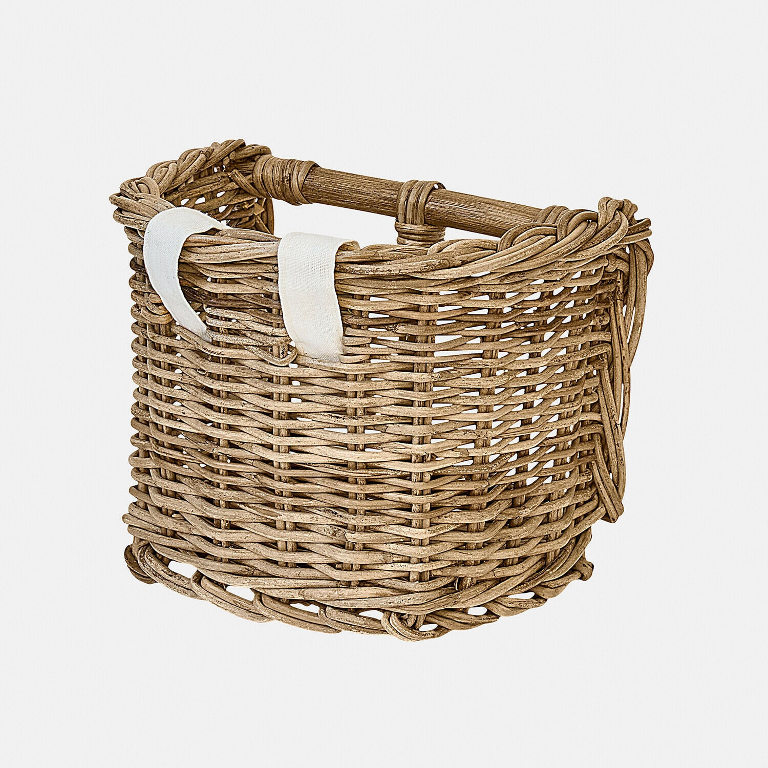 Cesta para bicicleta de mimbre natural con correas blancas, accesorio práctico para transportar objetos