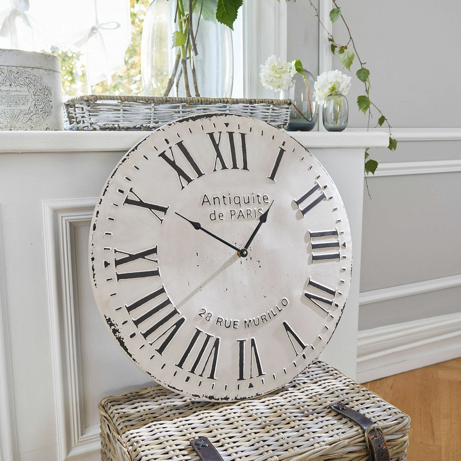 Reloj Rue Murillo Reloj de pared redondo blanco con números romanos negros, decoración vintage para interiores