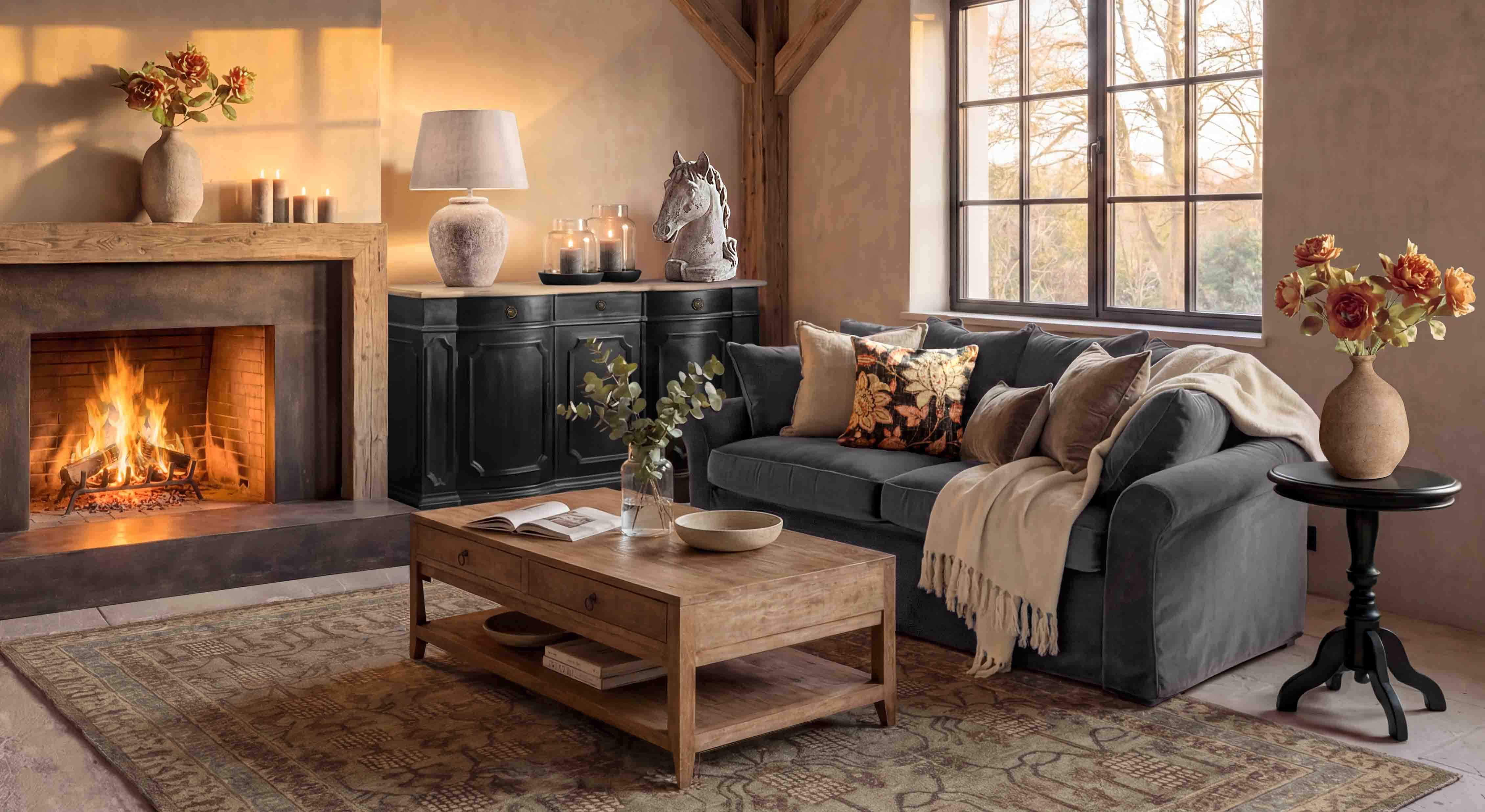Salón acogedor con chimenea, sofá gris y mesa de centro de madera sobre alfombra vintage