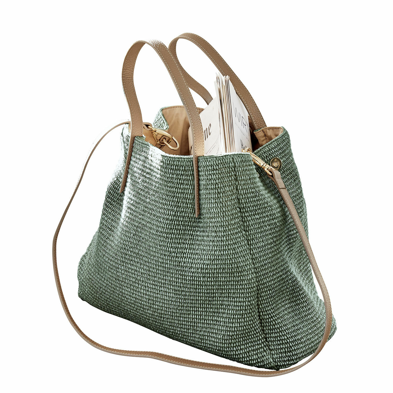 verde Bolso verde de material tejido con asas y correa beige, espacioso y elegante para uso diario