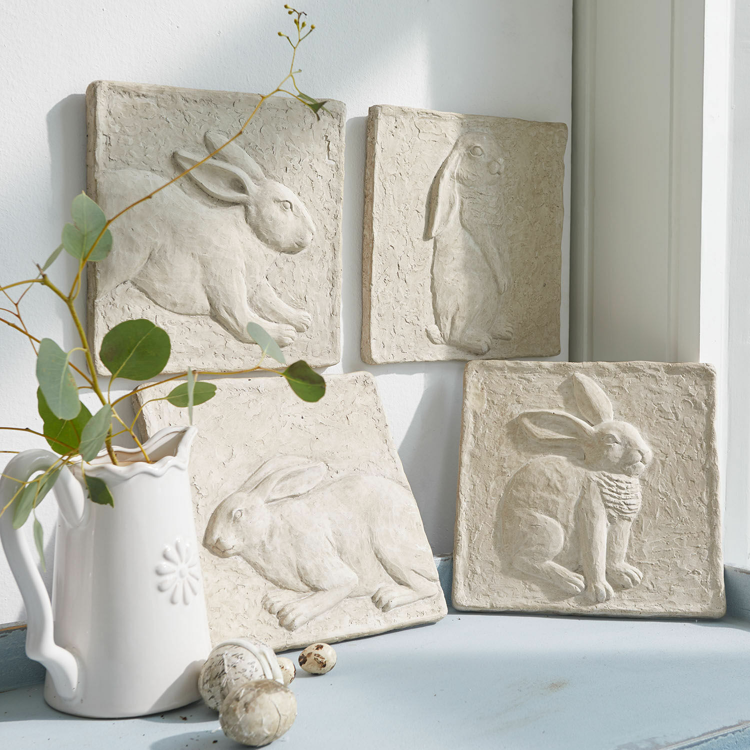 Set de 4 cuadros Cervique Cuatro placas decorativas beige con relieve de conejos, decoración de pared rústica para interiores