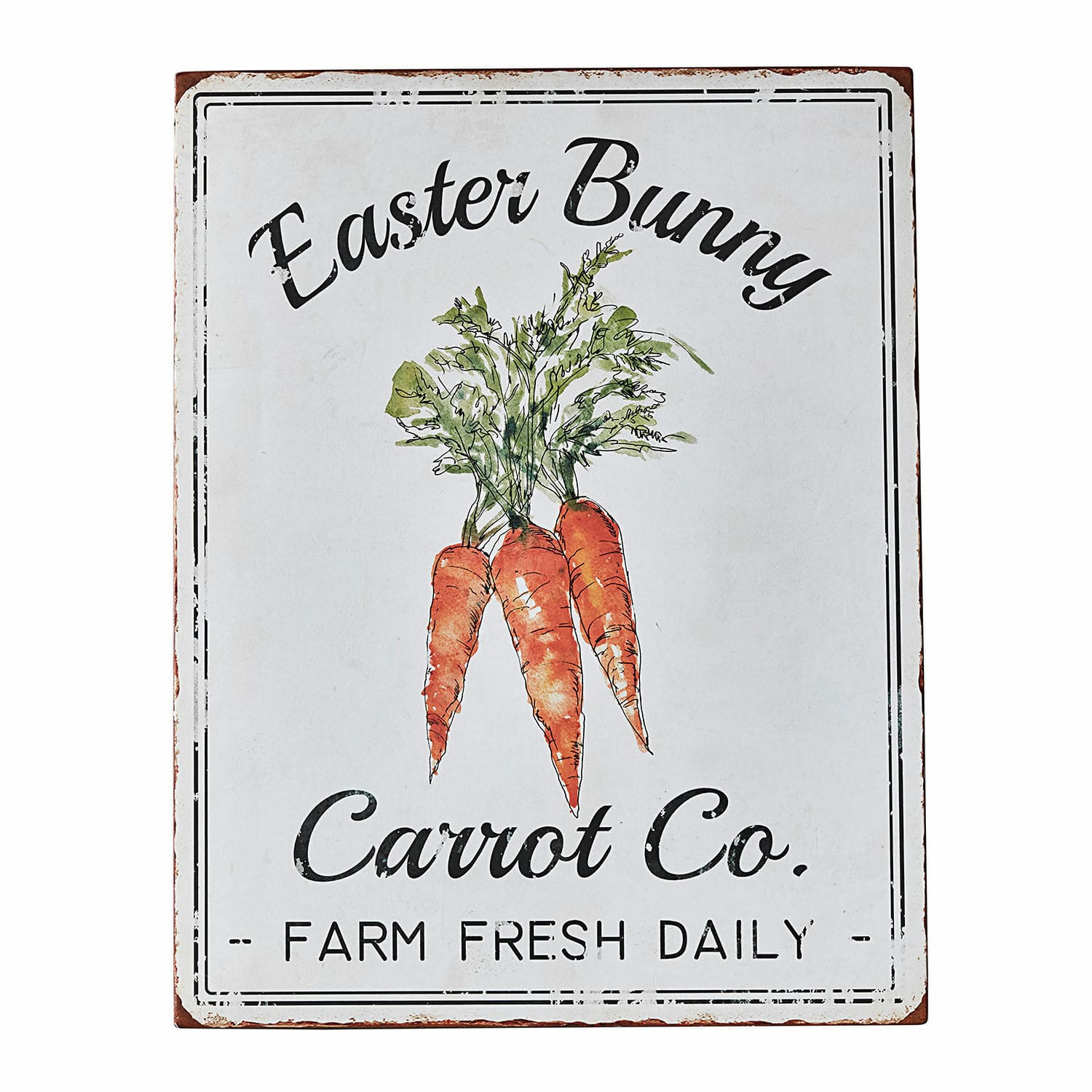 Cartel metálico decorativo con ilustración de zanahorias y texto Easter Bunny Carrot Co.