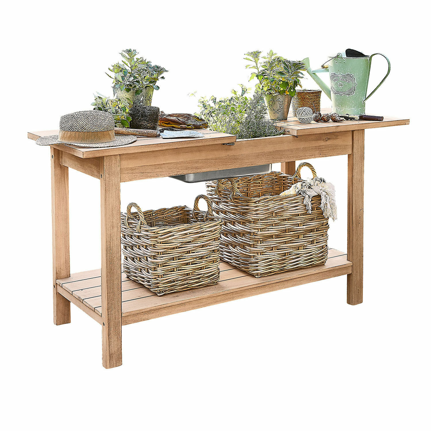 Mesa de jardinería FSC®-100% Venzone Mesa de jardín de madera con cestas de mimbre y plantas verdes, con herramientas de jardinería