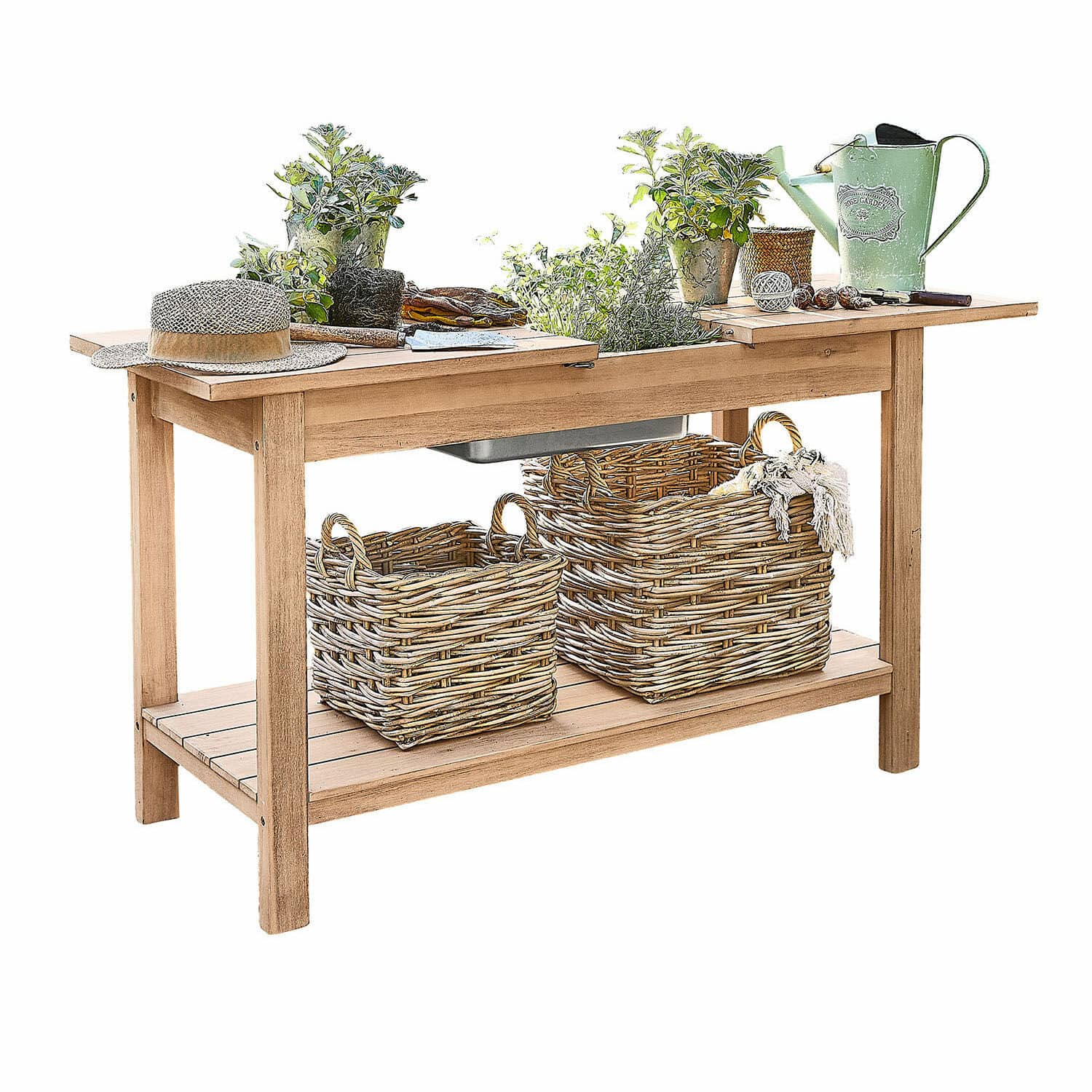 Mesa de jardinería FSC®-100% Venzone Mesa de jardín de madera con cestas de mimbre y plantas verdes, con herramientas de jardinería