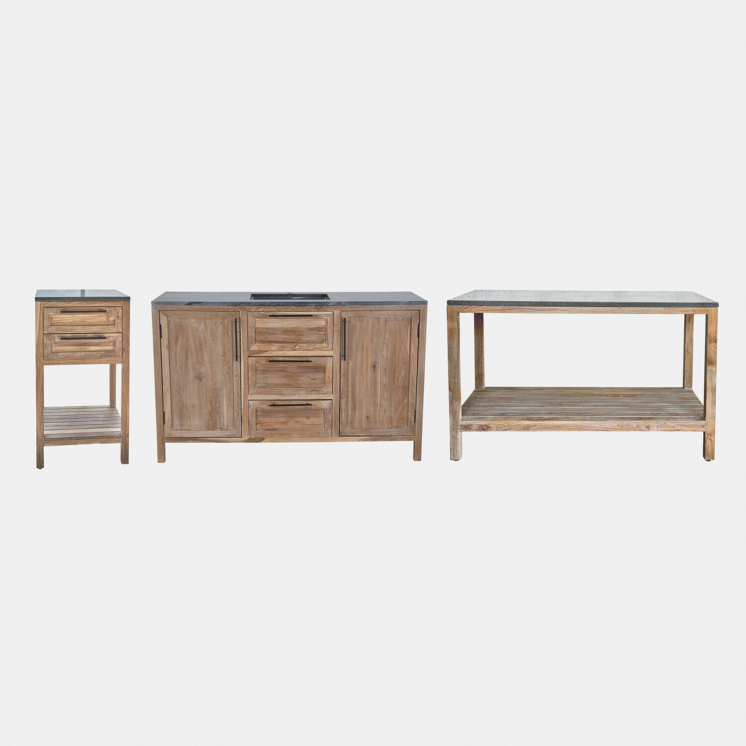 Conjunto de muebles de baño de madera de teca con encimera de piedra, color natural, armarios y estantes prácticos