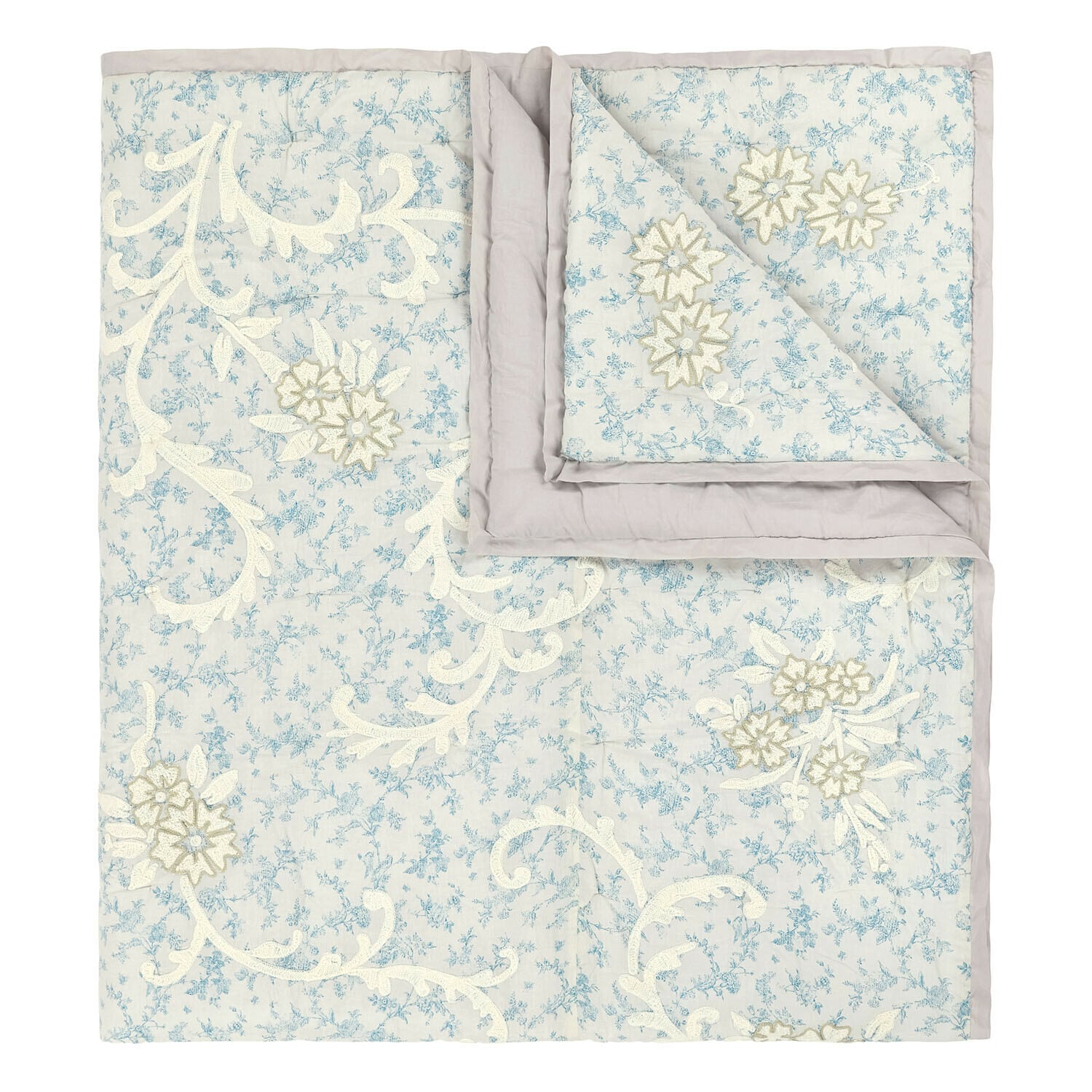 Colcha Rocaille Étoilée Colcha de algodón azul claro con bordados florales crema, ropa de cama decorativa elegante