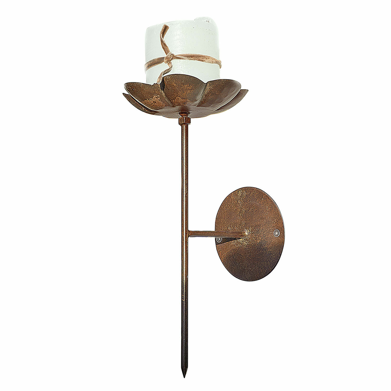 Portavelas de pared Viverto Aplique de pared metálico color óxido con vela blanca y lazo de tela, elemento decorativo para pared