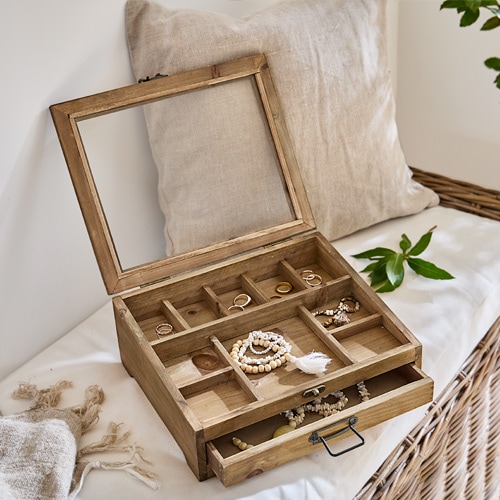 Caja de joyería de madera natural con compartimentos y cajón, organizador para anillos y pulseras