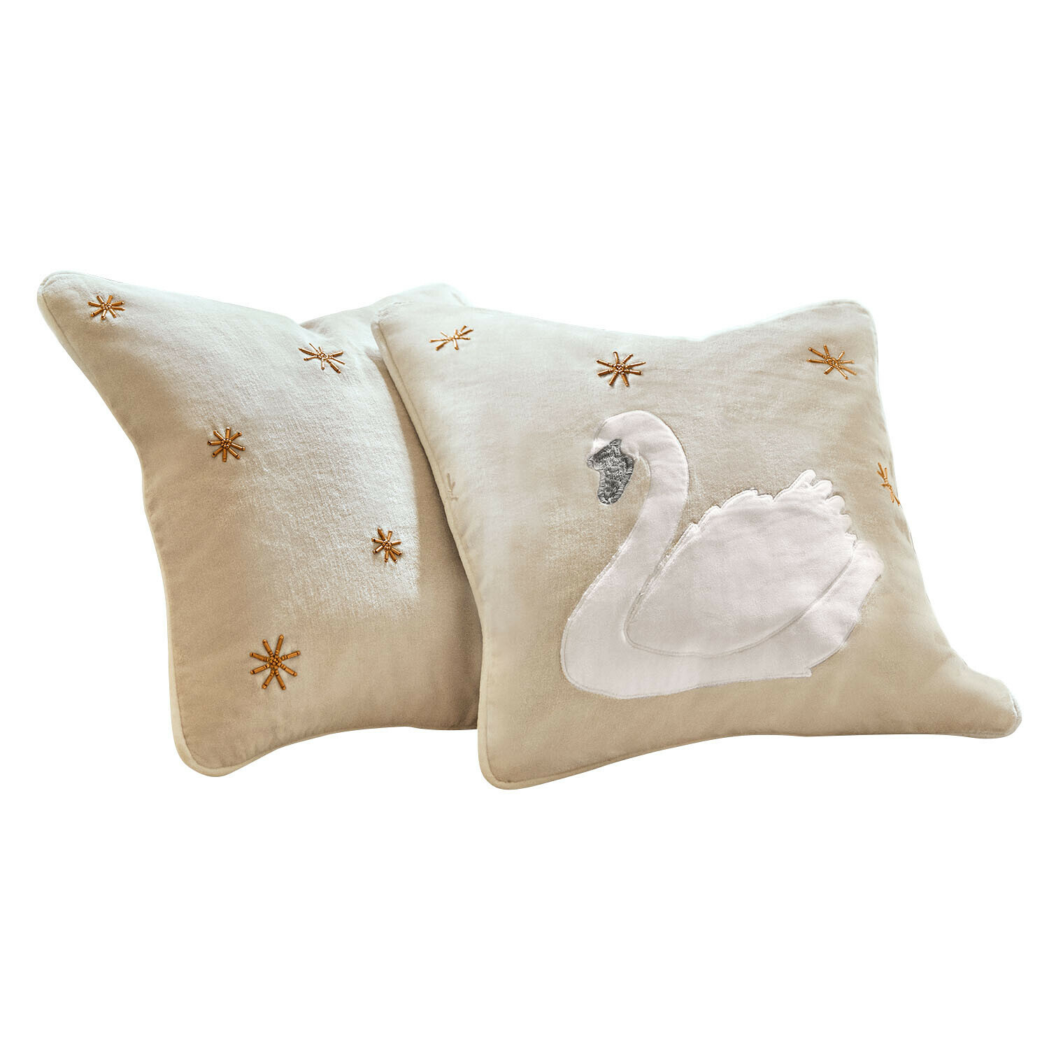 Set de 2 fundas de cojín Elarin Cojín decorativo beige con cisne blanco bordado y estrellas doradas, tejido suave para salón