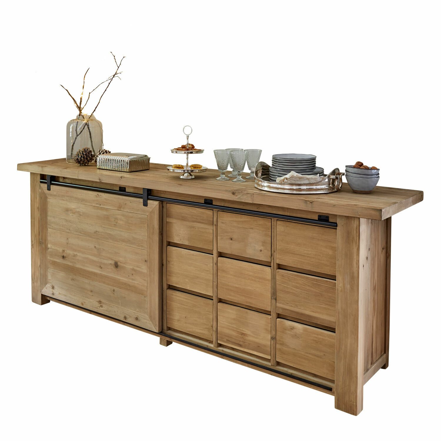 Cómoda Orleans Aparador de madera con puertas correderas y cajones en color natural, mueble para salón